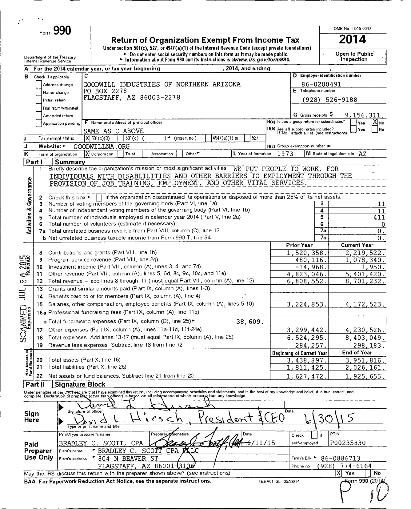 Image of first page of 2014 Form 990 for Goodwill Industries of Northern Arizona