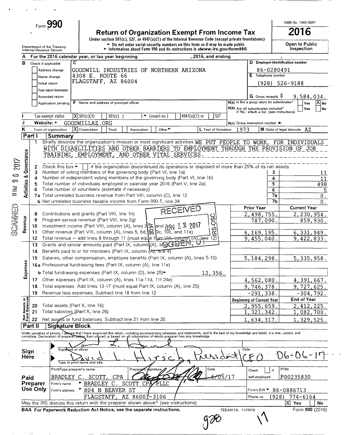 Image of first page of 2016 Form 990 for Goodwill Industries of Northern Arizona