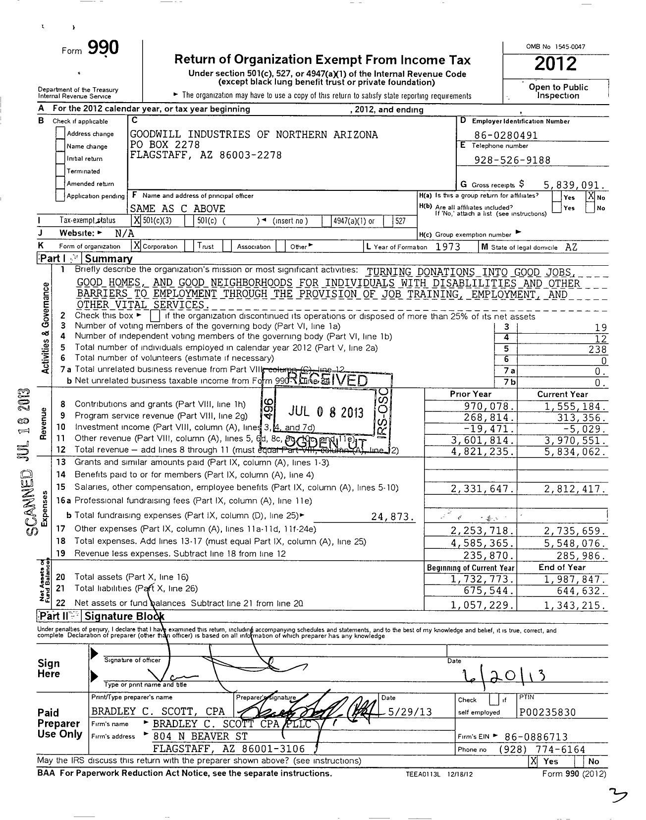 Image of first page of 2012 Form 990 for Goodwill Industries of Northern Arizona