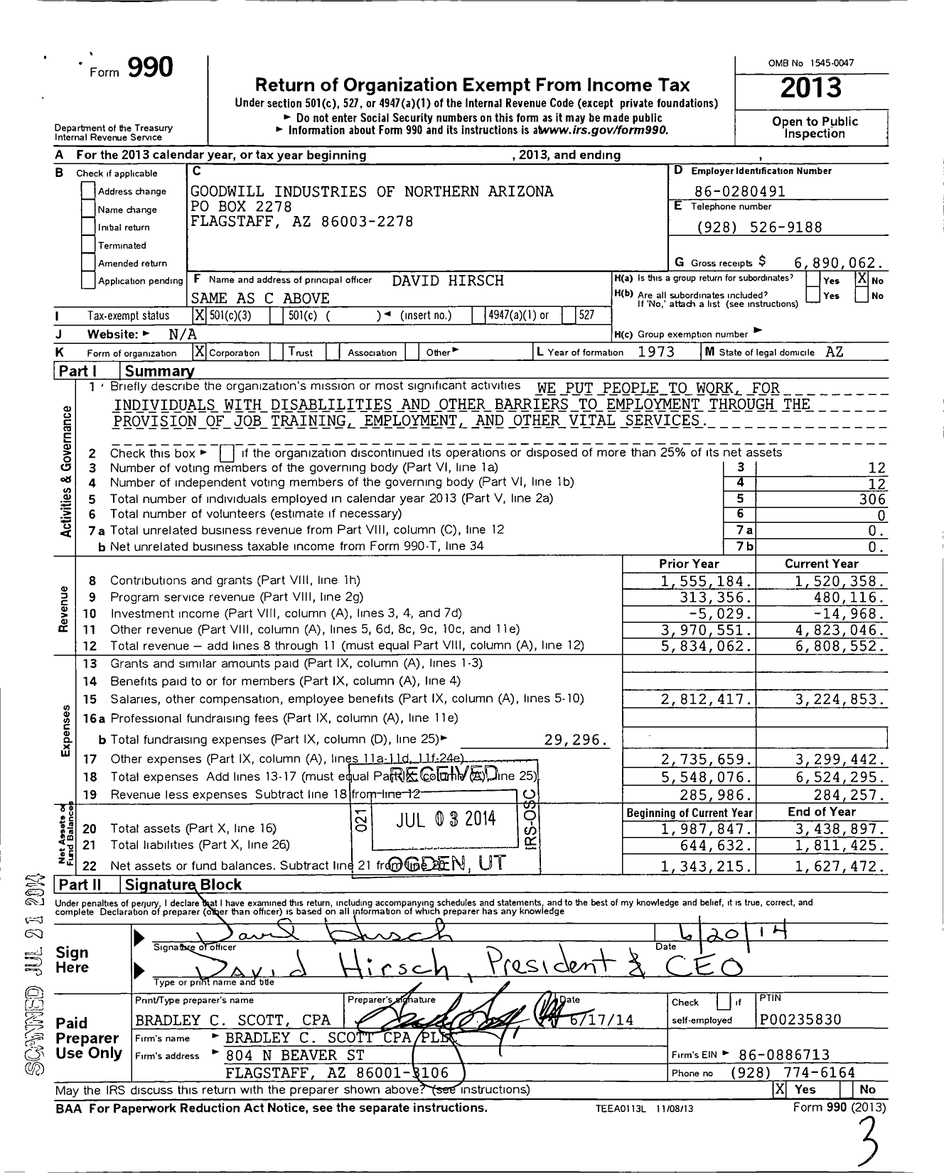 Image of first page of 2013 Form 990 for Goodwill Industries of Northern Arizona
