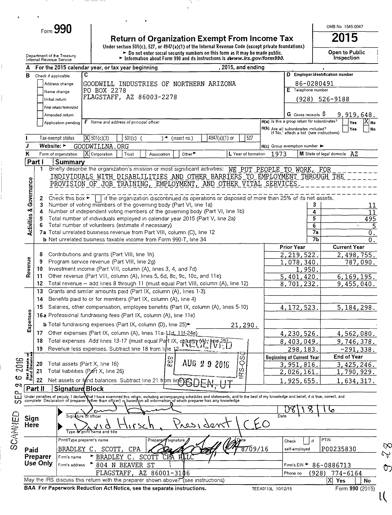 Image of first page of 2015 Form 990 for Goodwill Industries of Northern Arizona