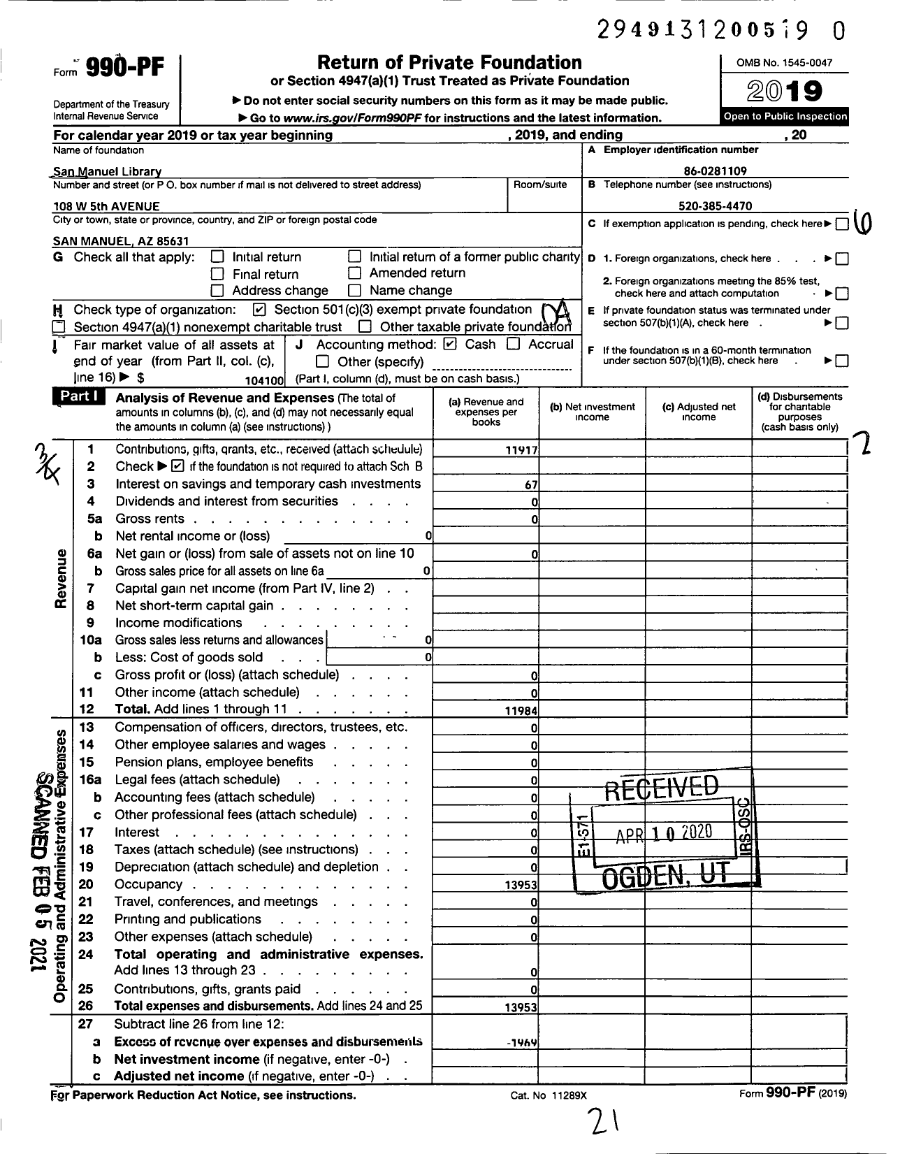 Image of first page of 2019 Form 990PF for San Manuel Library