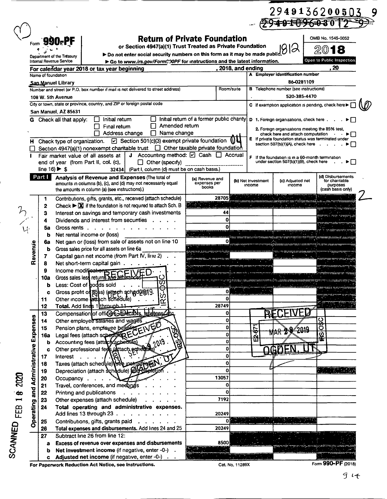 Image of first page of 2018 Form 990PF for San Manuel Library