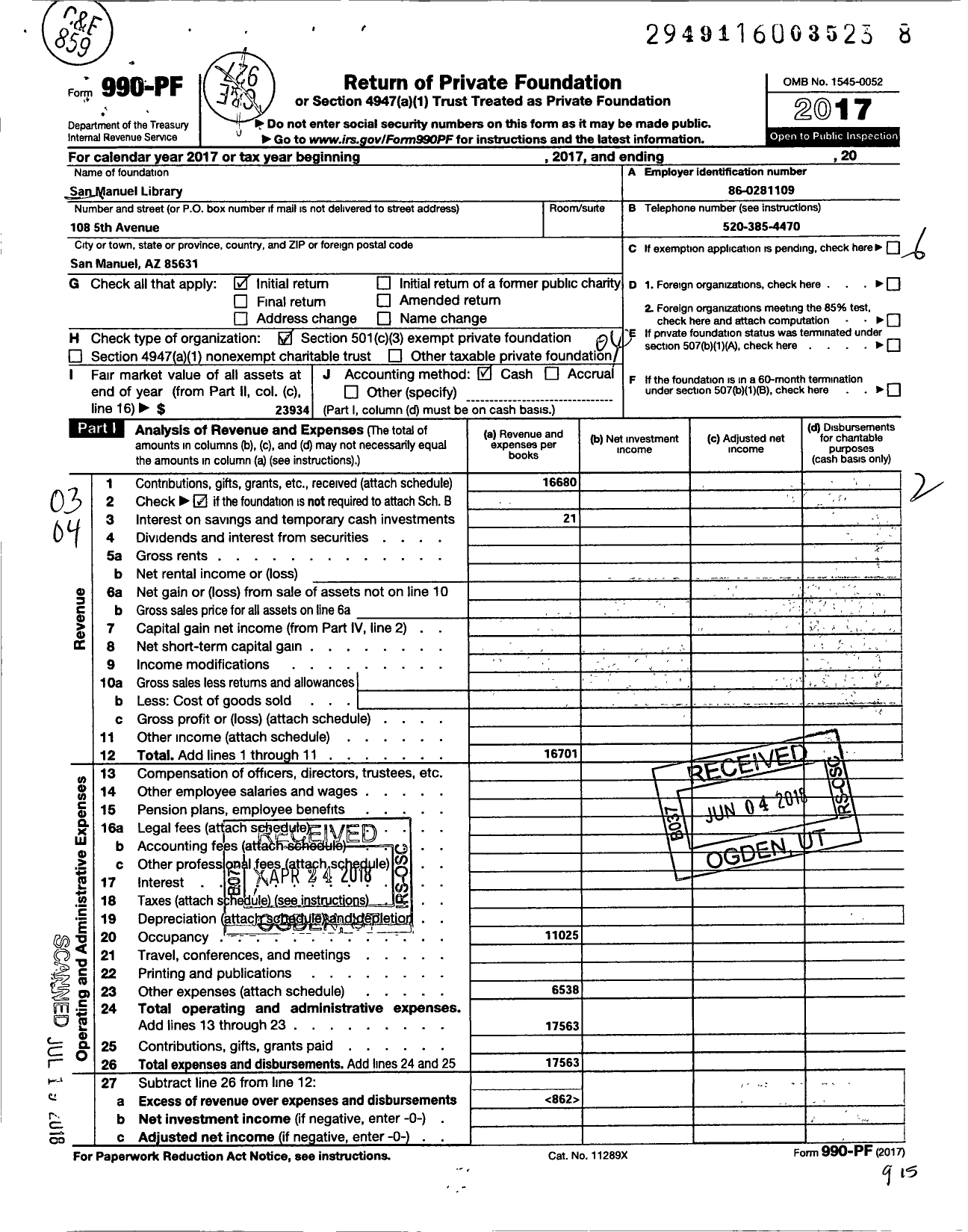 Image of first page of 2017 Form 990PF for San Manuel Library