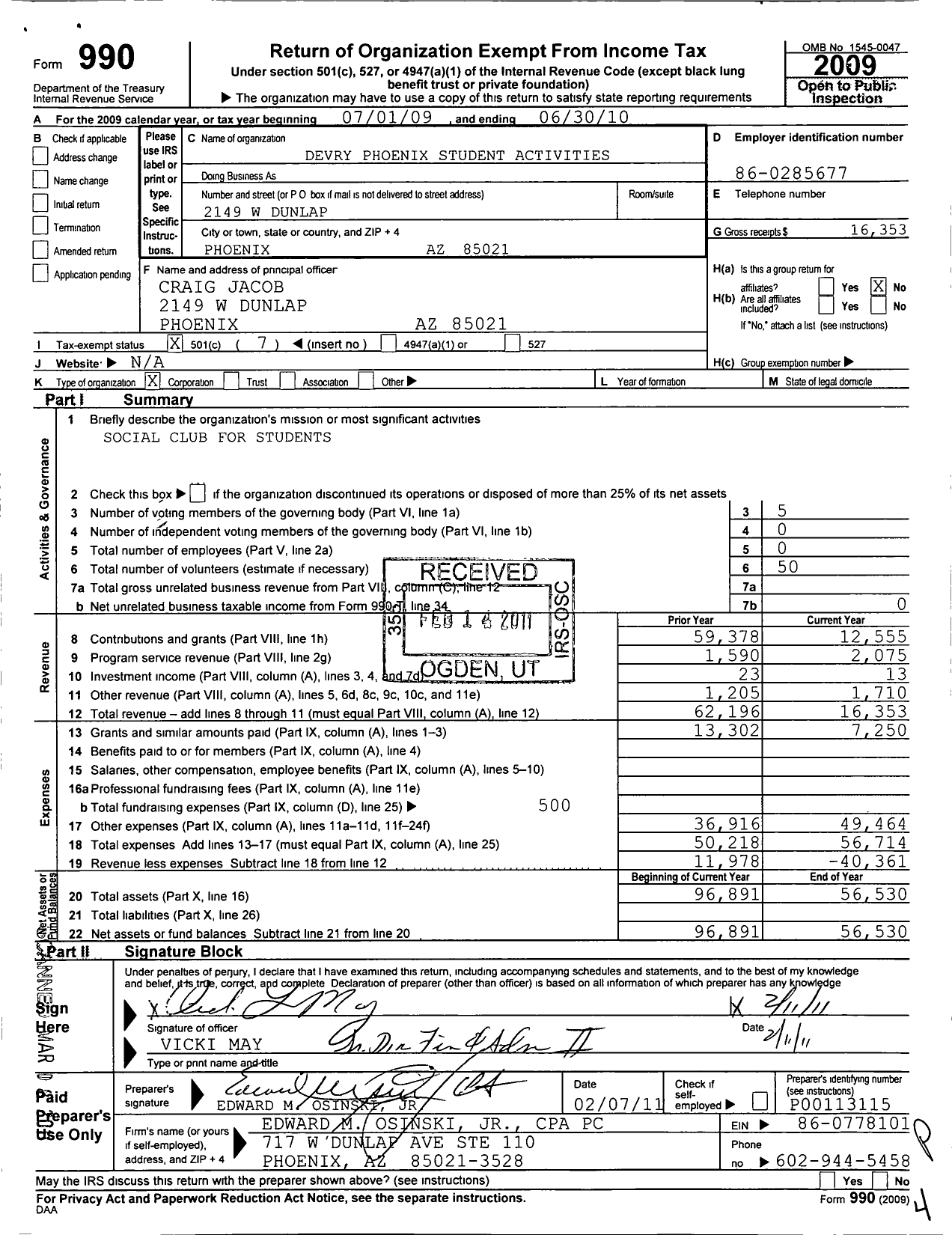 Image of first page of 2009 Form 990O for Devry Phoenix Student Activities