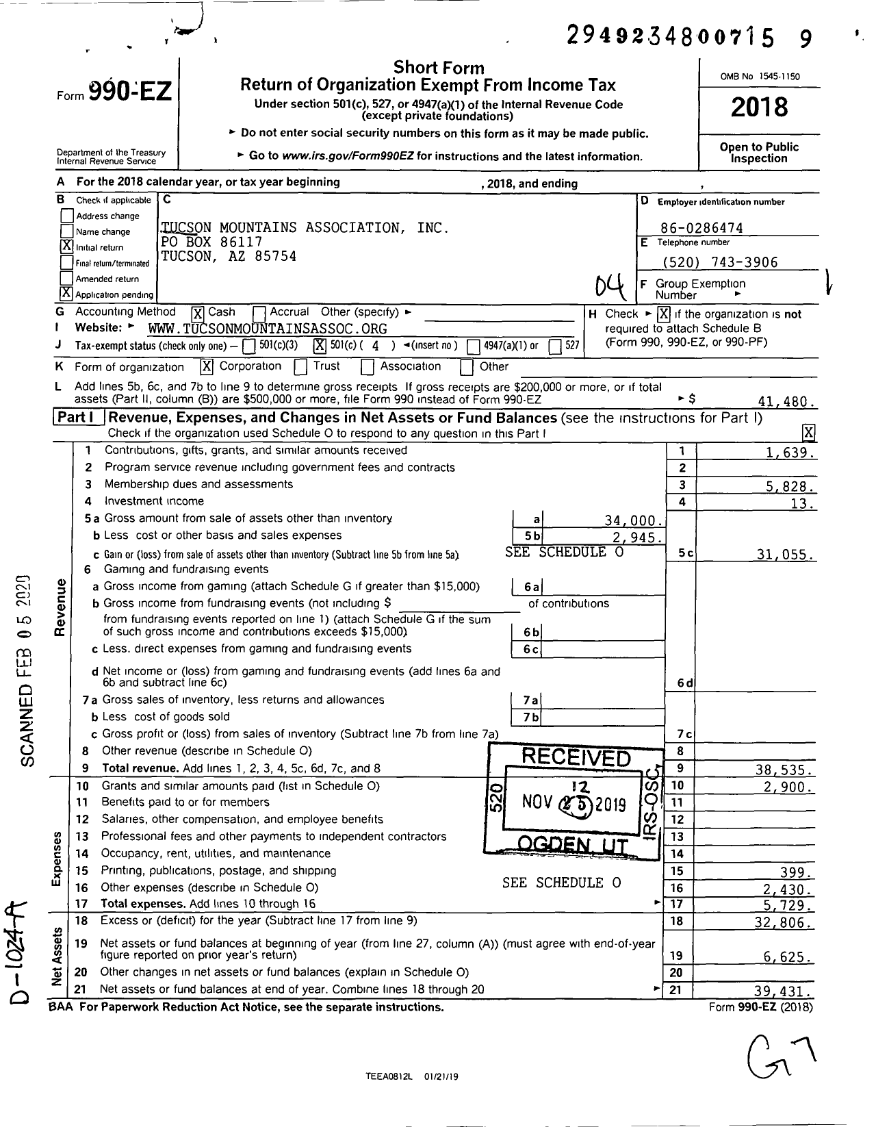 Image of first page of 2018 Form 990EO for Tucson Mountains Association