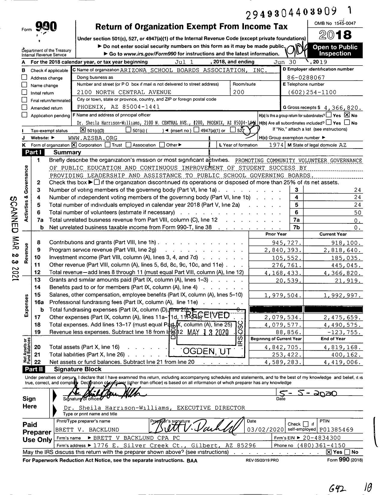 Image of first page of 2018 Form 990 for Arizona School Boards Association