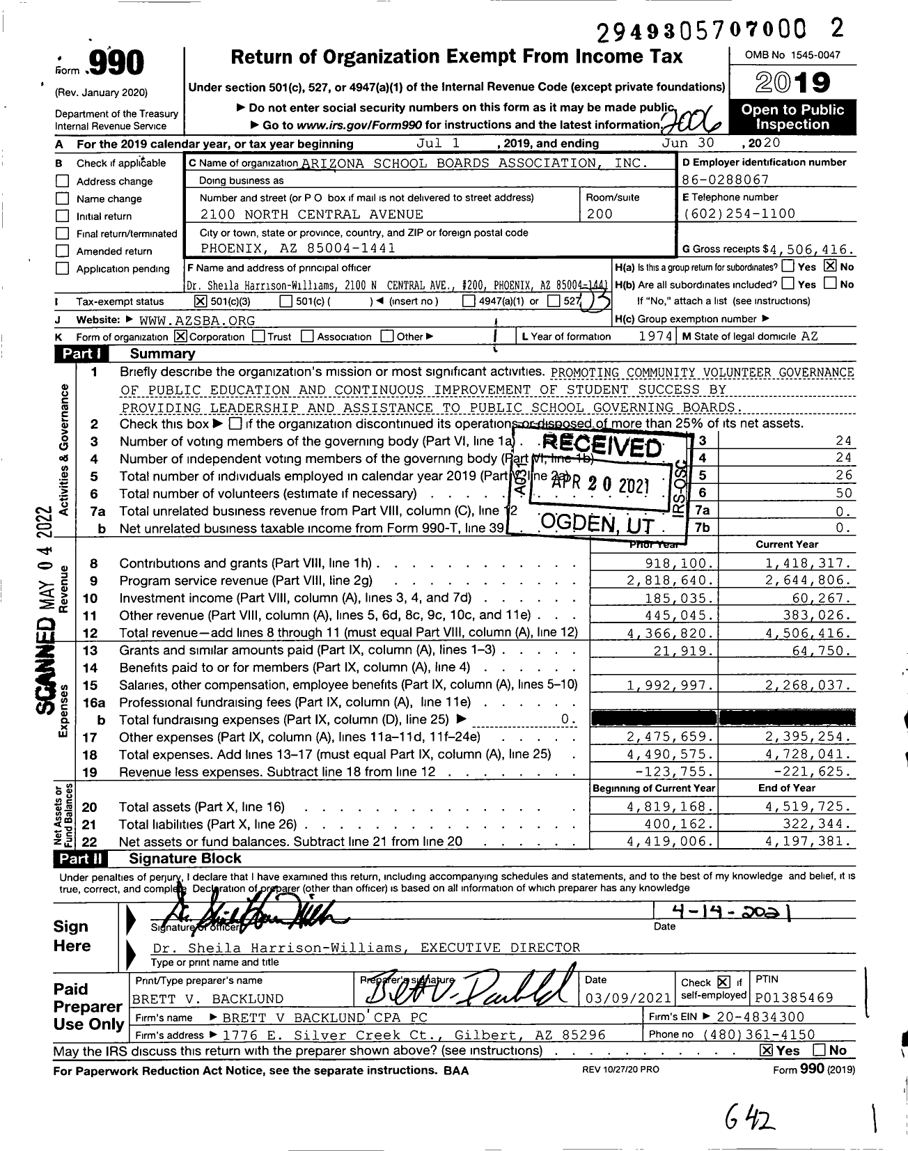 Image of first page of 2019 Form 990 for Arizona School Boards Association