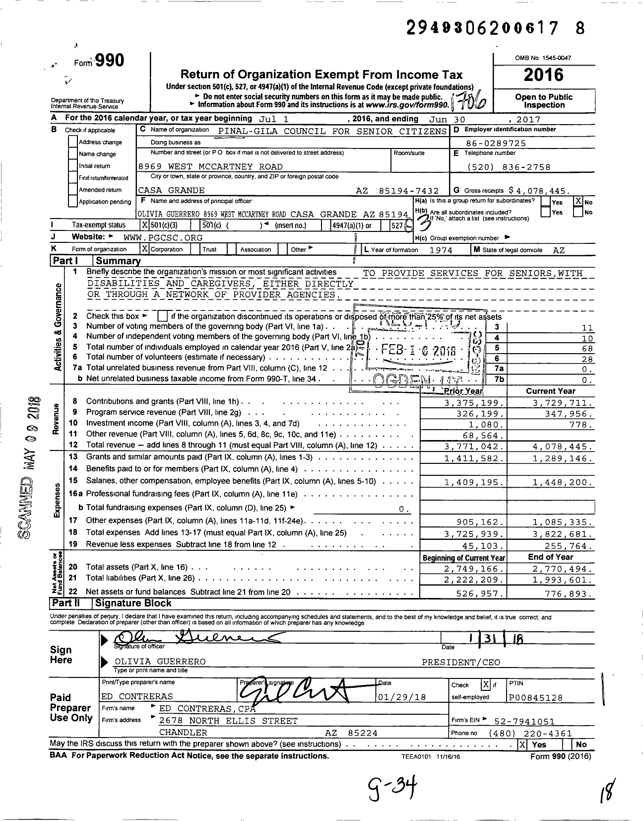Image of first page of 2016 Form 990 for Pinal-Gila Council for Senior Citizens