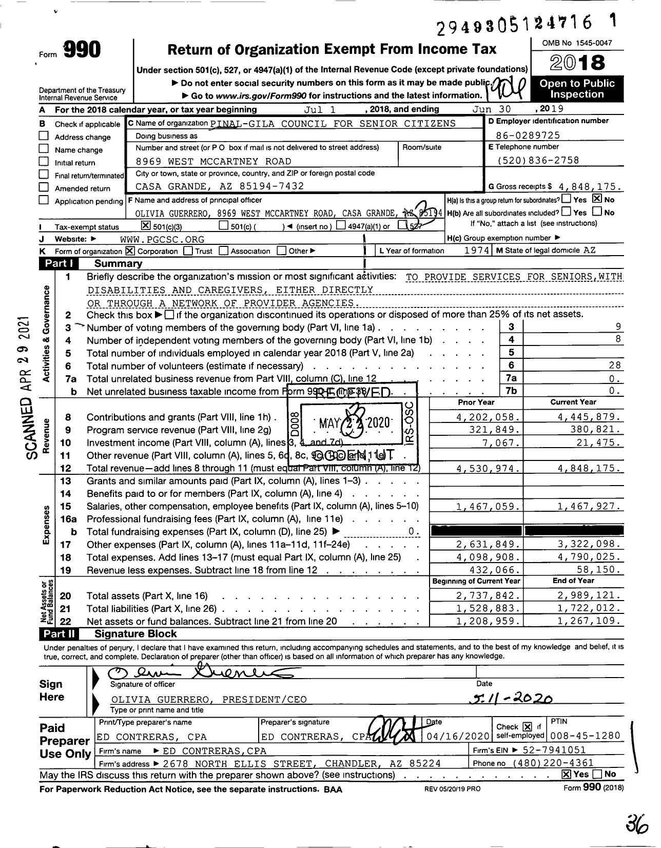 Image of first page of 2018 Form 990 for Pinal-Gila Council for Senior Citizens