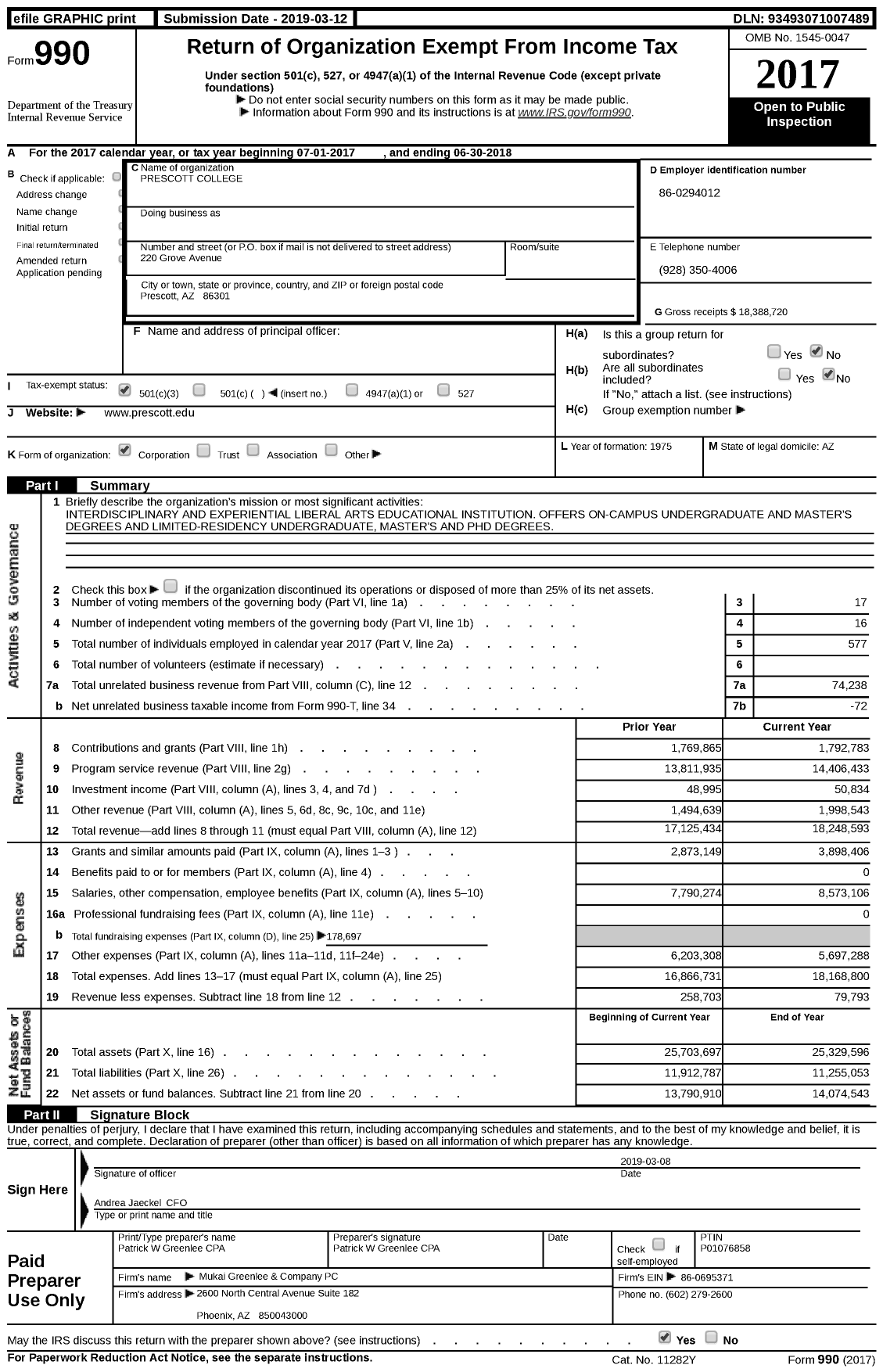 Image of first page of 2017 Form 990 for Prescott College