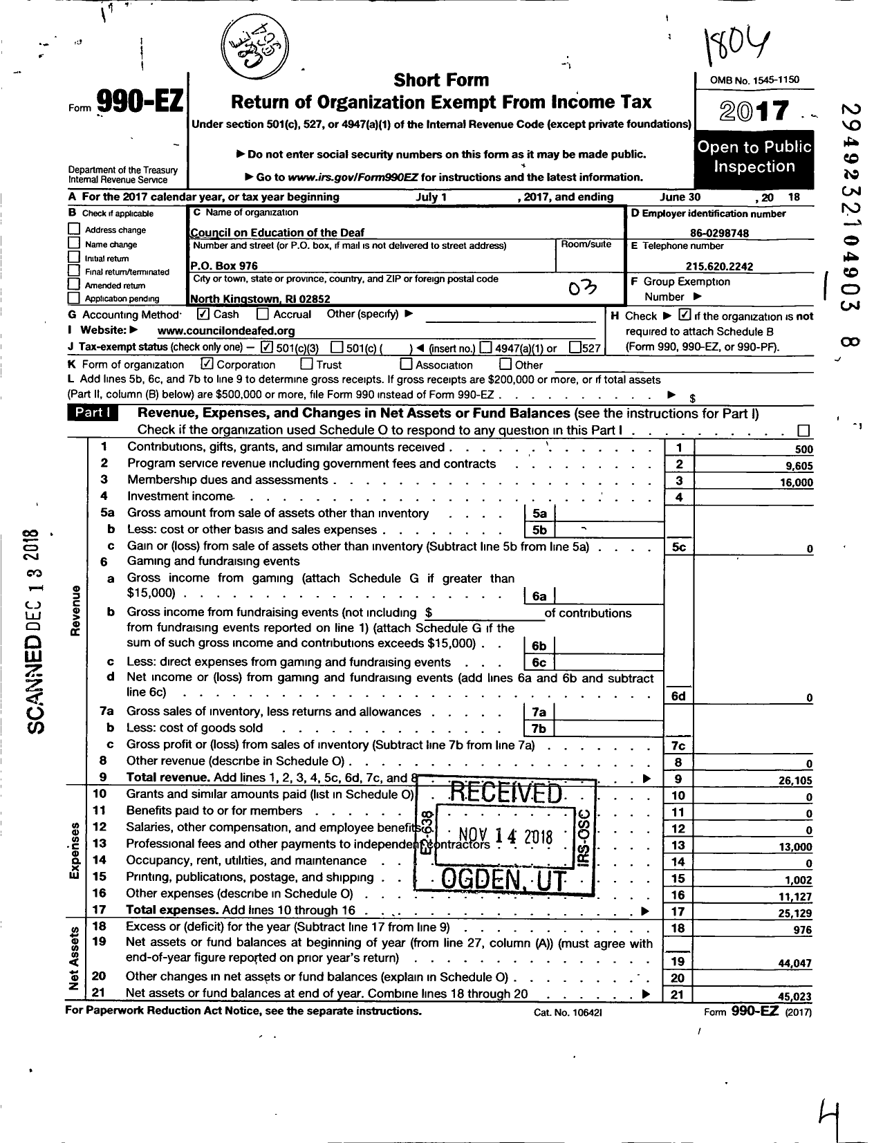 Image of first page of 2017 Form 990EZ for Council on Education of the Deaf