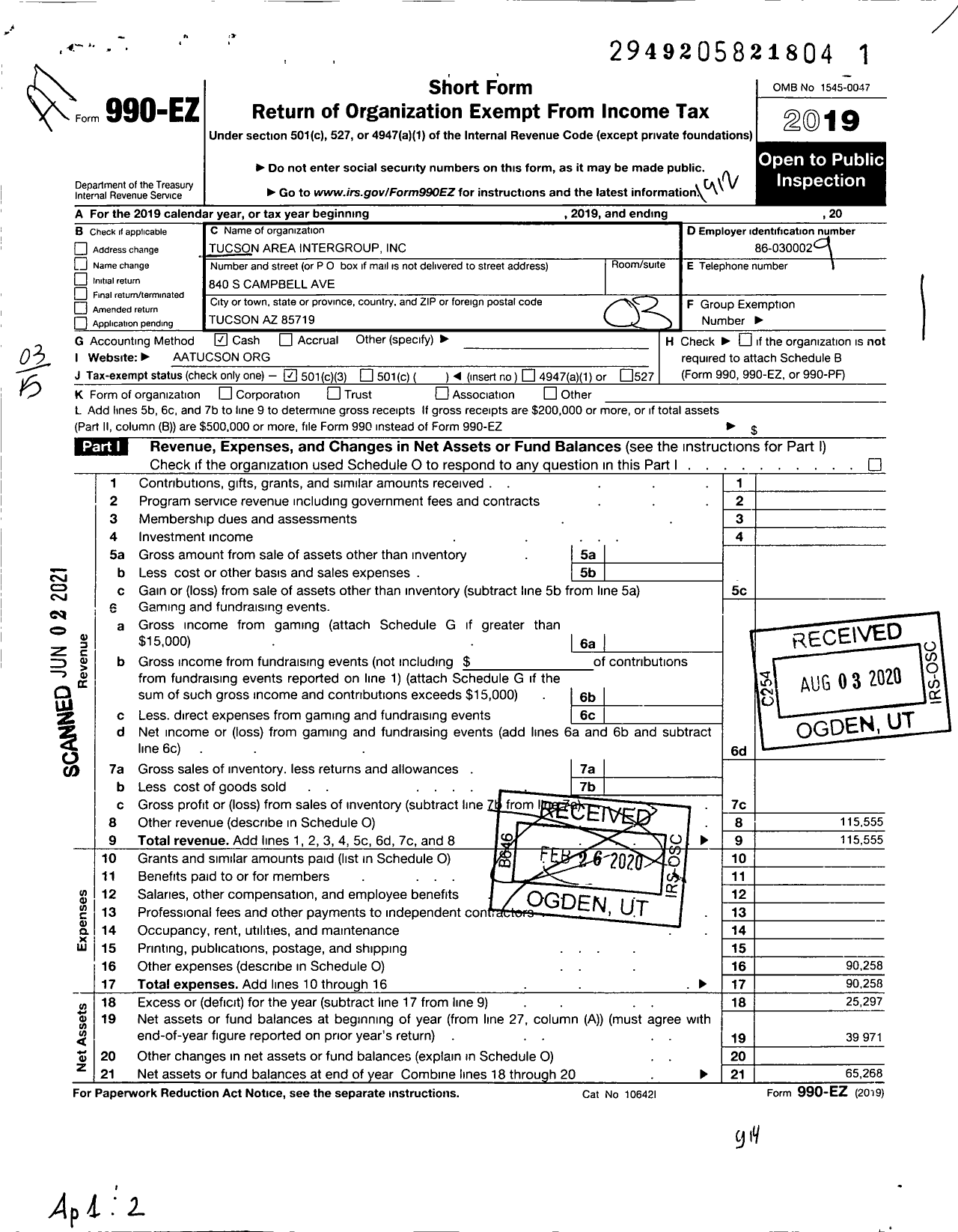 Image of first page of 2019 Form 990EZ for Tucson Area Intergroup