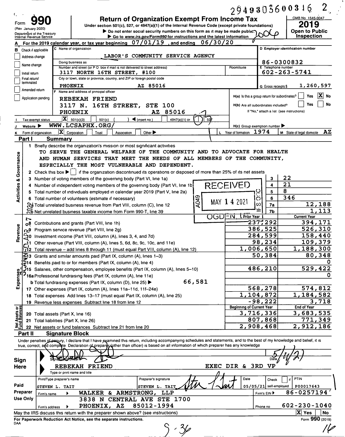 Image of first page of 2019 Form 990 for Labor's Community Service Agency