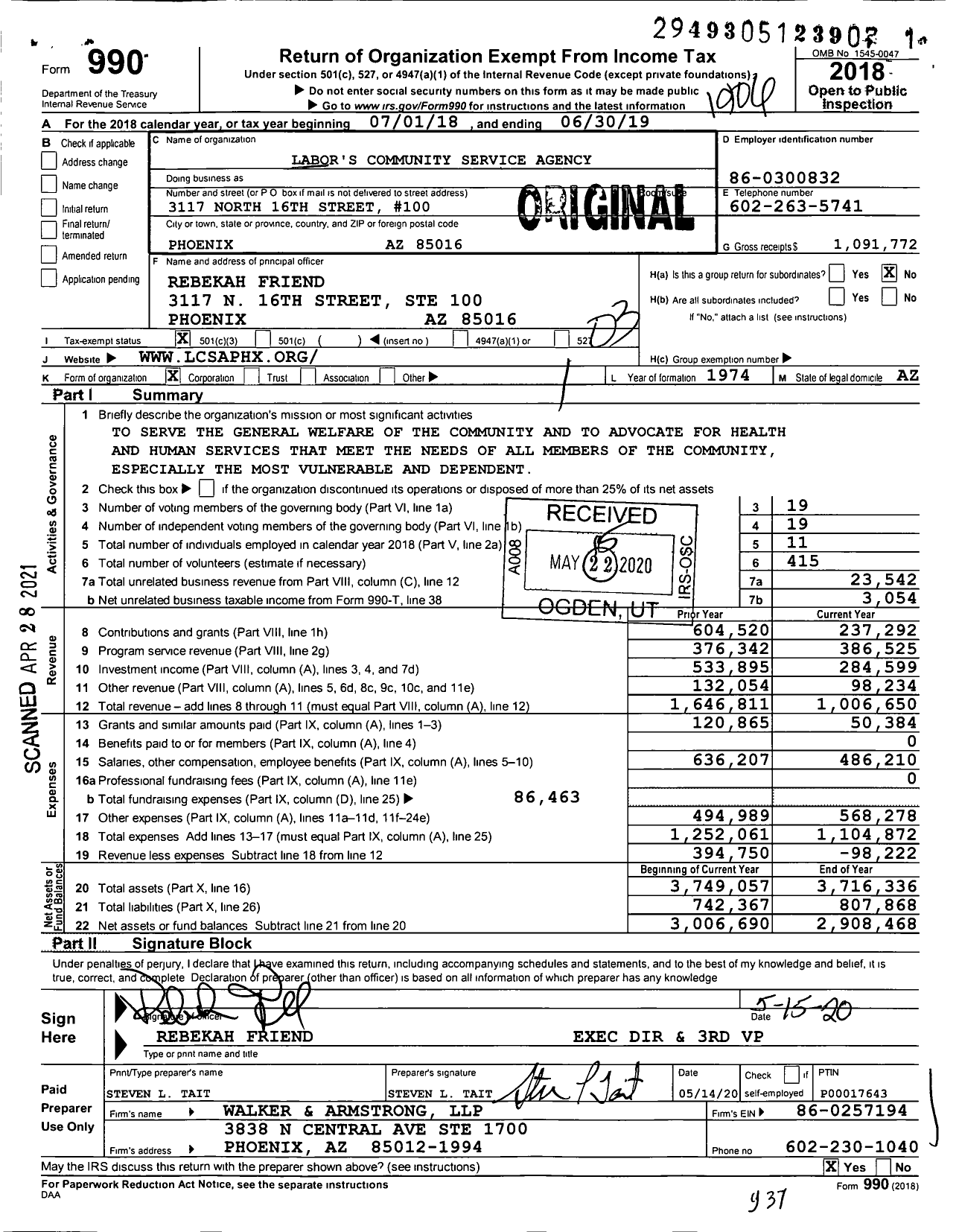 Image of first page of 2018 Form 990 for Labor's Community Service Agency