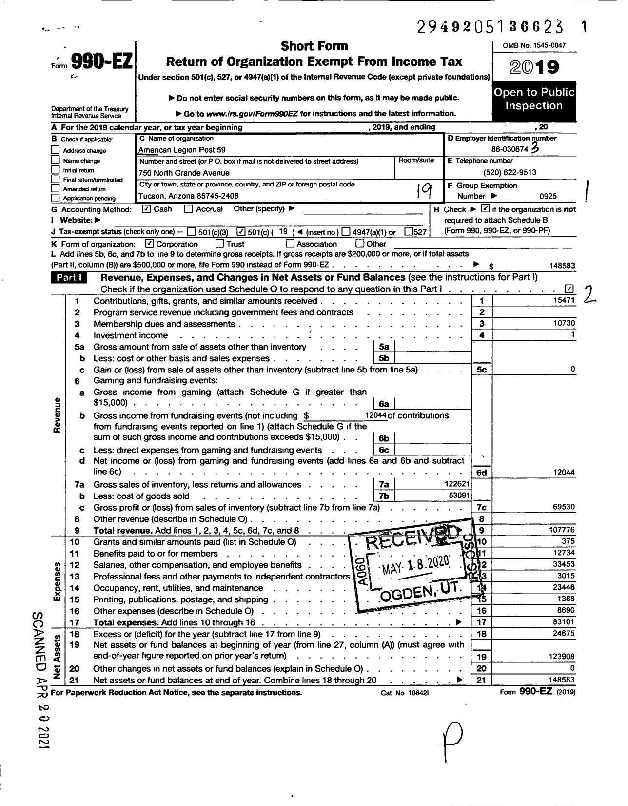 Image of first page of 2019 Form 990EO for AMERICAN LEGION - 0059 Post COCIO-ESTRADA