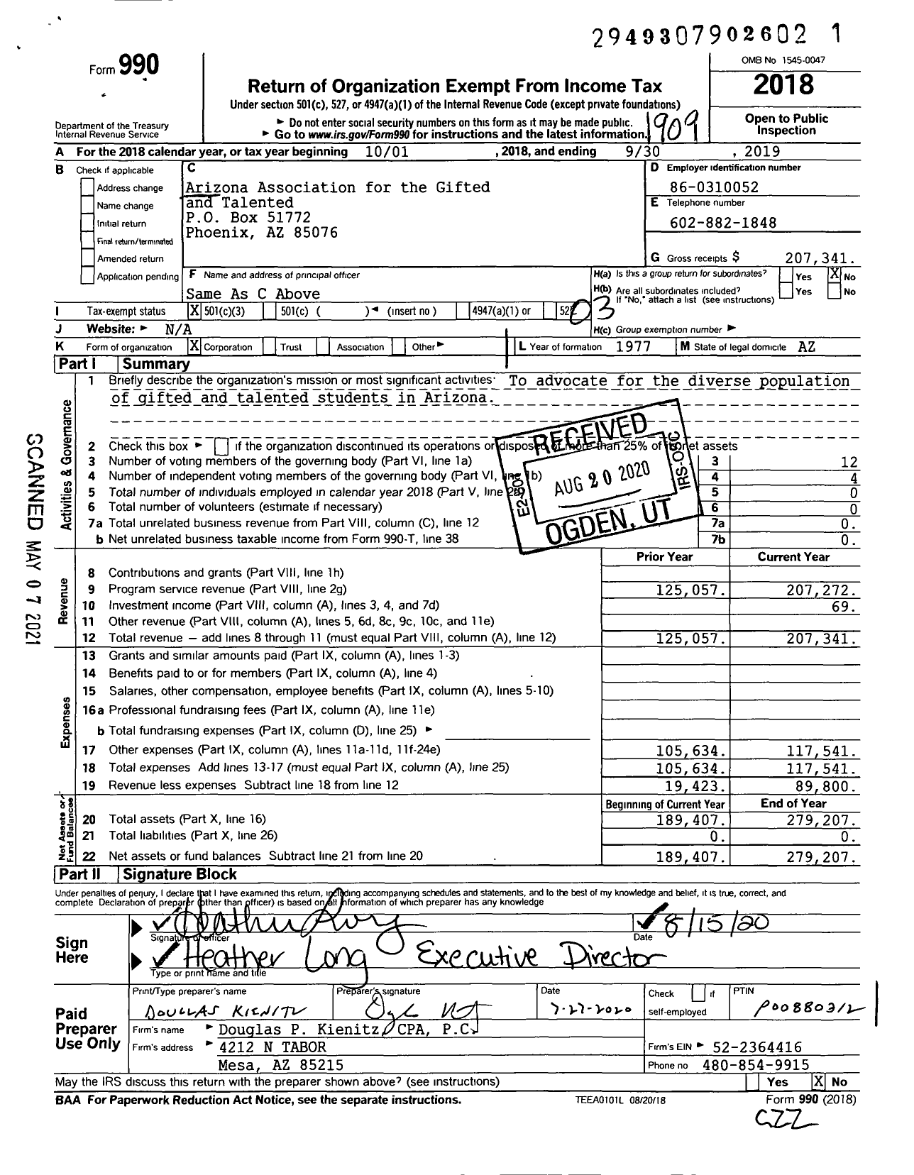 Image of first page of 2018 Form 990 for Arizona Association for Gifted and Talented