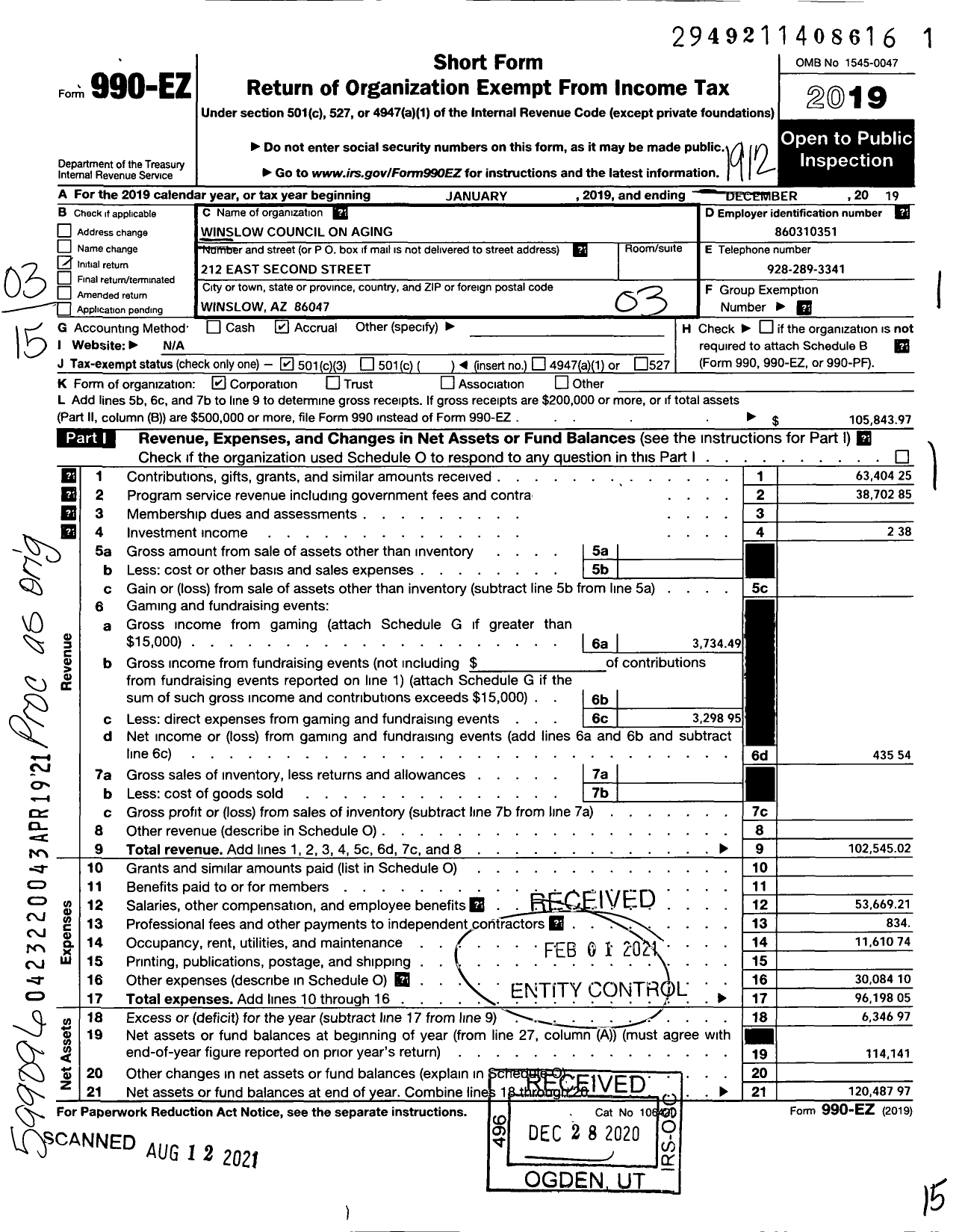 Image of first page of 2019 Form 990EZ for Winslow Council on Aging