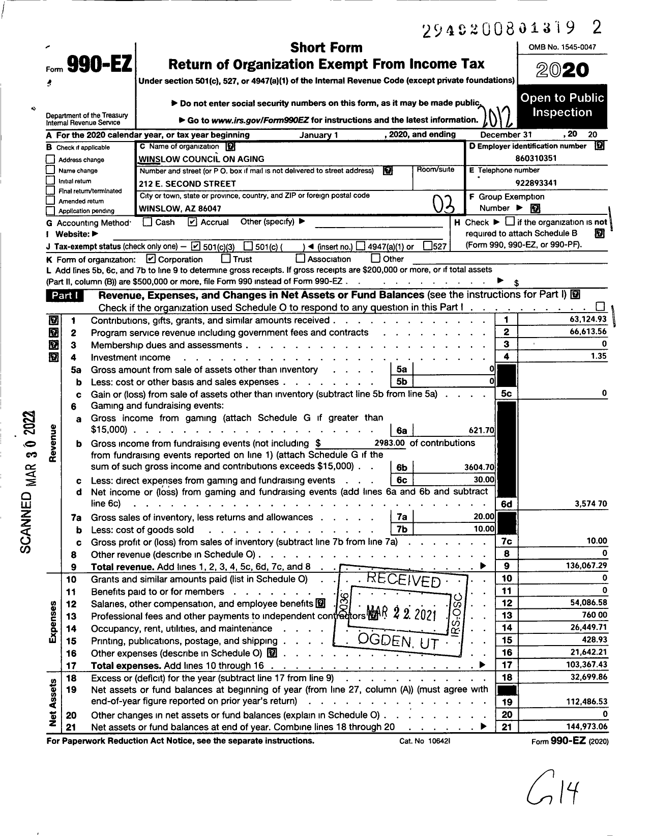 Image of first page of 2020 Form 990EZ for Winslow Council on Aging