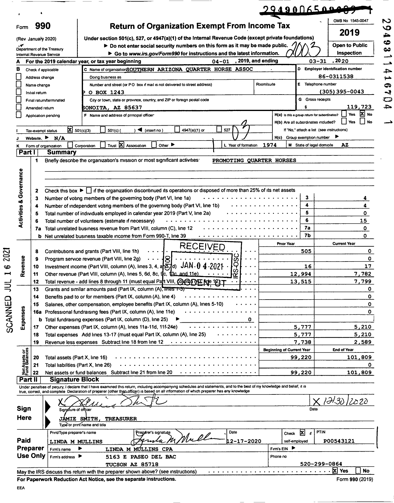 Image of first page of 2019 Form 990 for Southern Arizona Quarter Horse Assoc