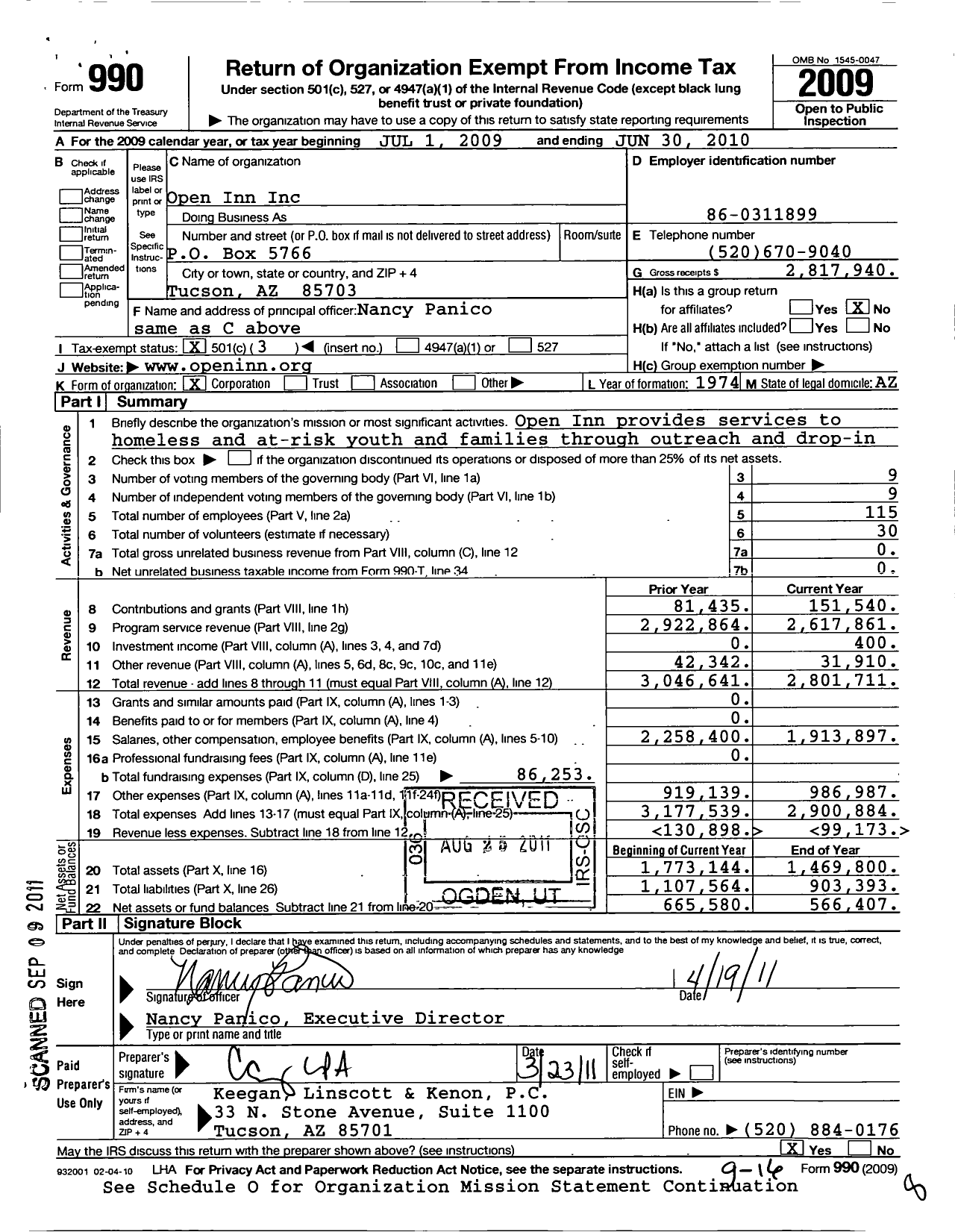 Image of first page of 2009 Form 990 for Open-Inn