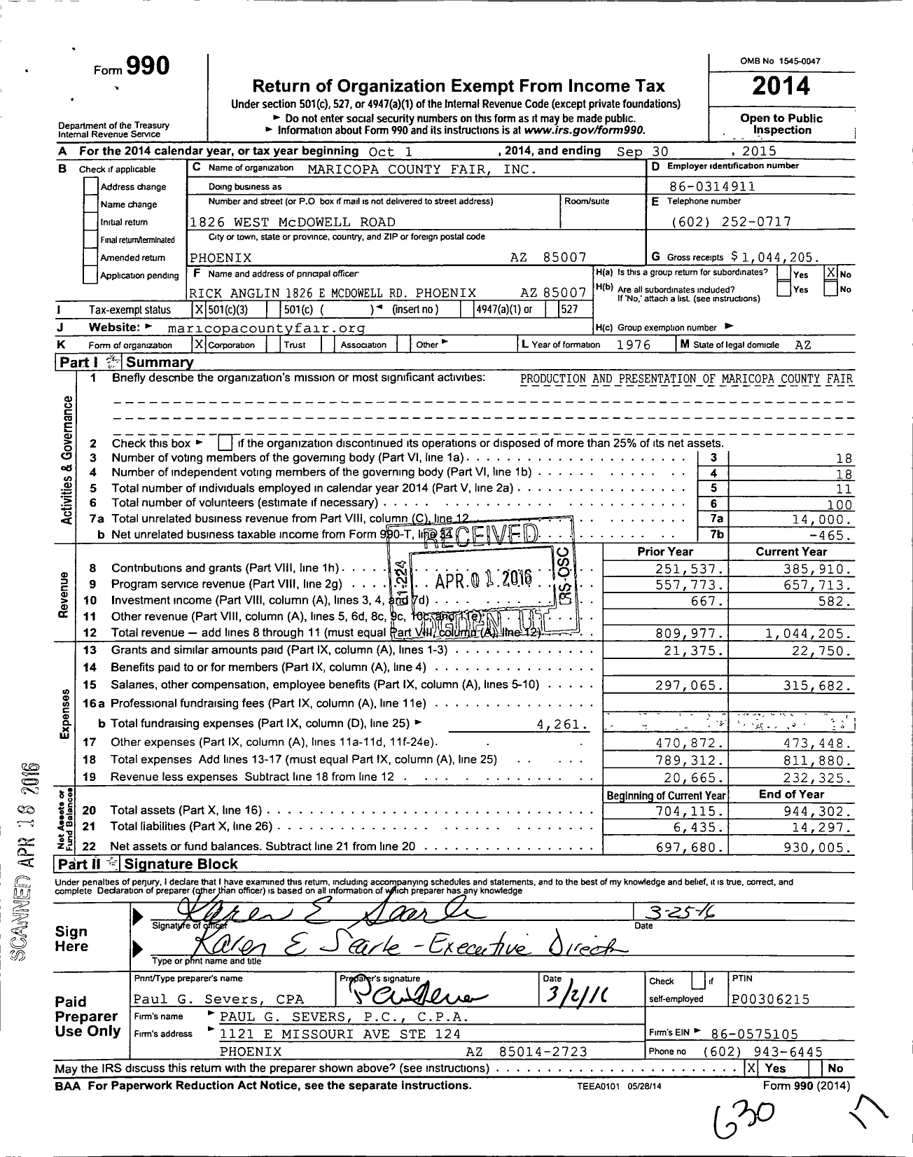 Image of first page of 2014 Form 990 for Maricopa County Fair