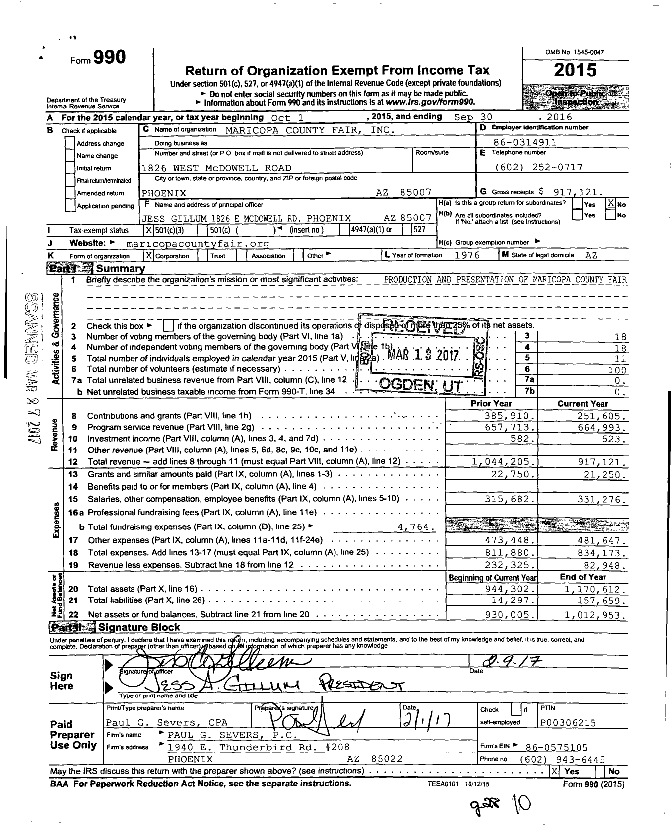 Image of first page of 2015 Form 990 for Maricopa County Fair