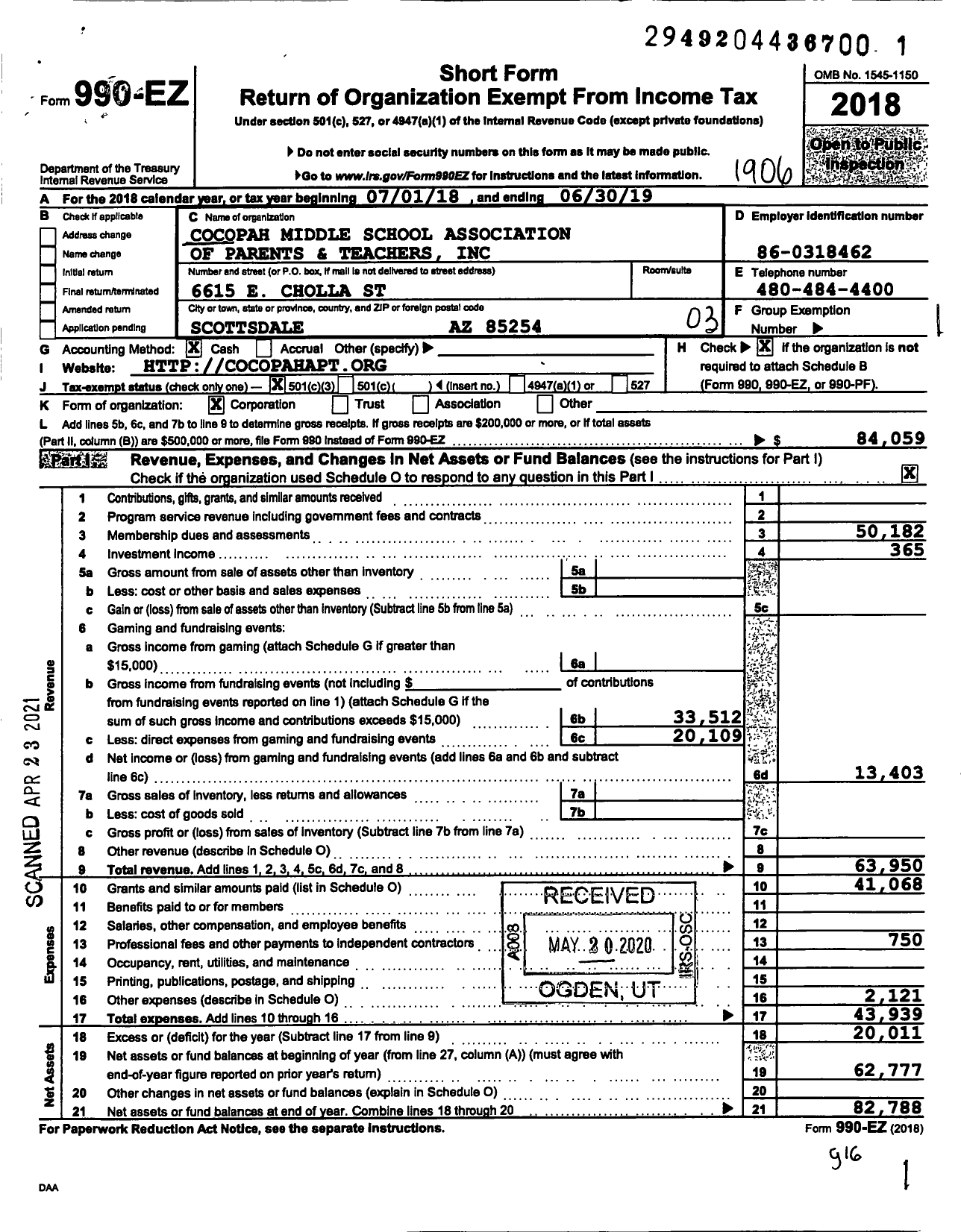 Image of first page of 2018 Form 990EZ for Cocopah Middle School Association of Parents and Teachers