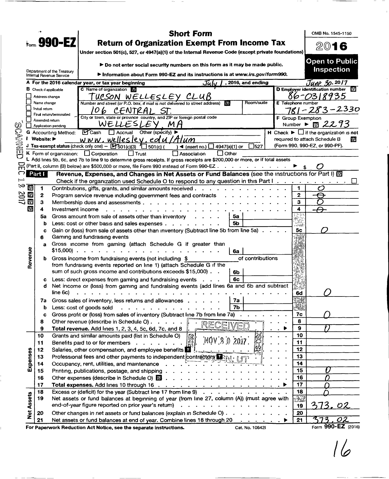 Image of first page of 2016 Form 990EZ for Wellesley College Alumnae Association / Tucson Wellesley Club