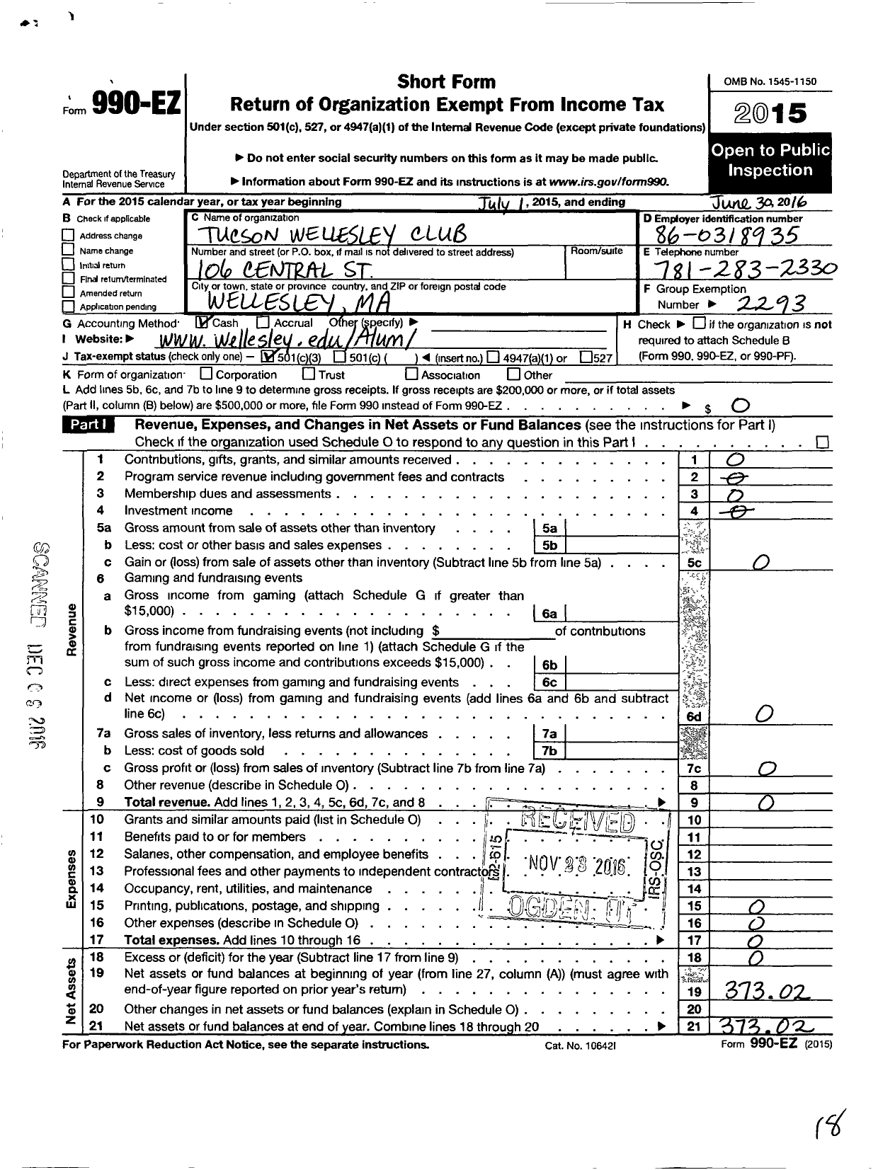 Image of first page of 2015 Form 990EZ for Wellesley College Alumnae Association / Tucson Wellesley Club