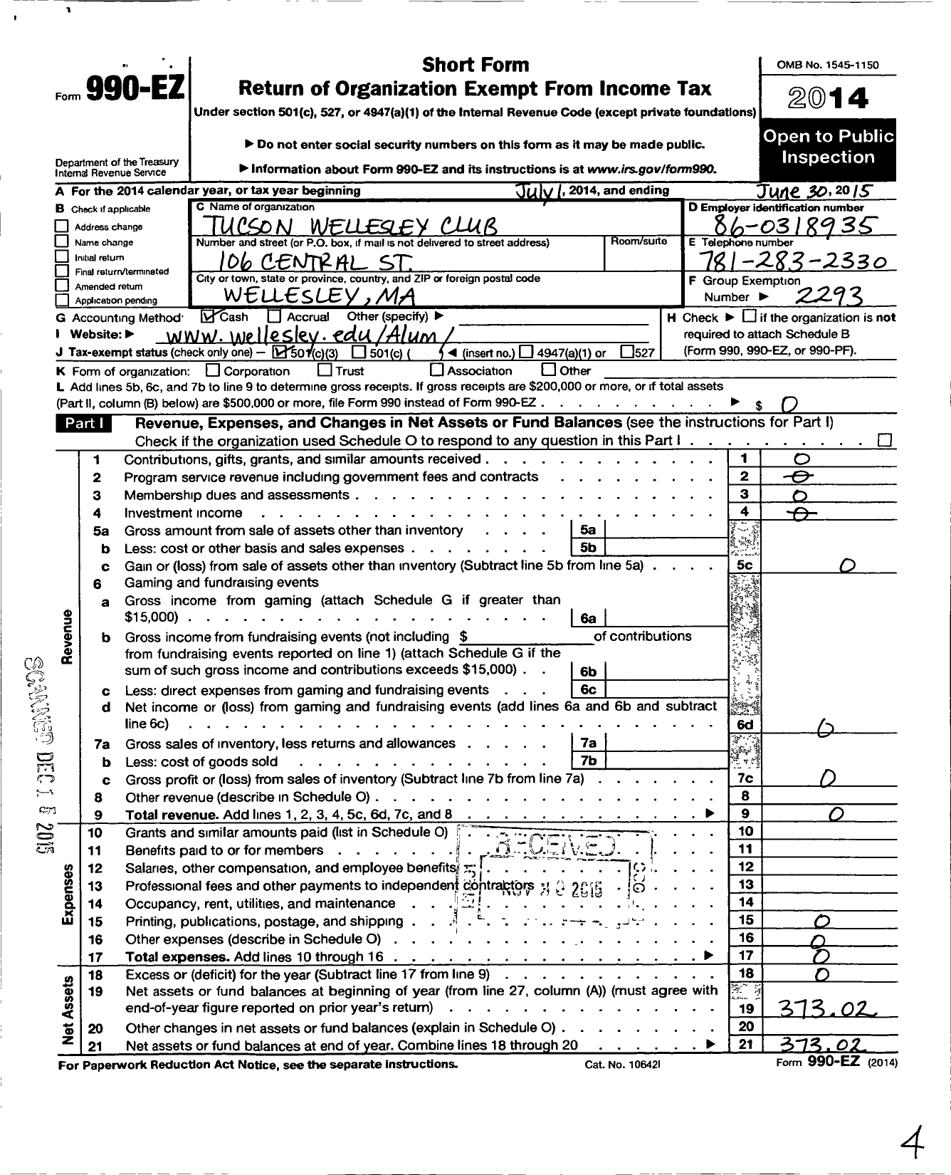 Image of first page of 2014 Form 990EZ for Wellesley College Alumnae Association / Tucson Wellesley Club