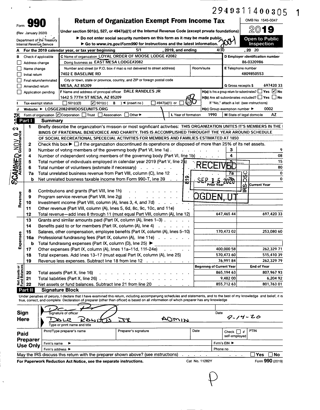 Image of first page of 2019 Form 990O for Loyal Order of Moose - East Mesa Moose Lodge 2082