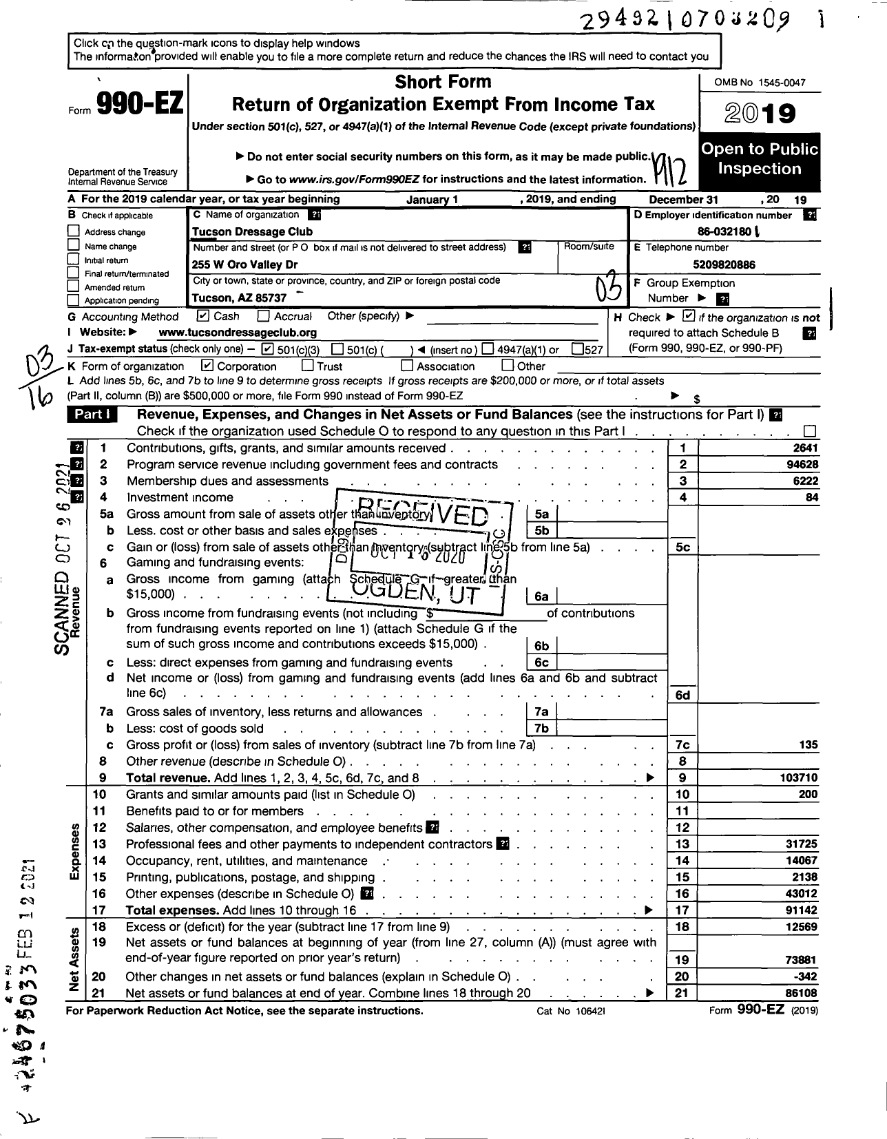 Image of first page of 2019 Form 990EZ for Tucson Dressage Club