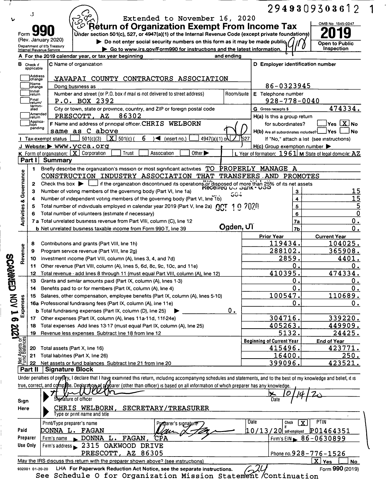 Image of first page of 2019 Form 990O for Yavapai County Contractors Association