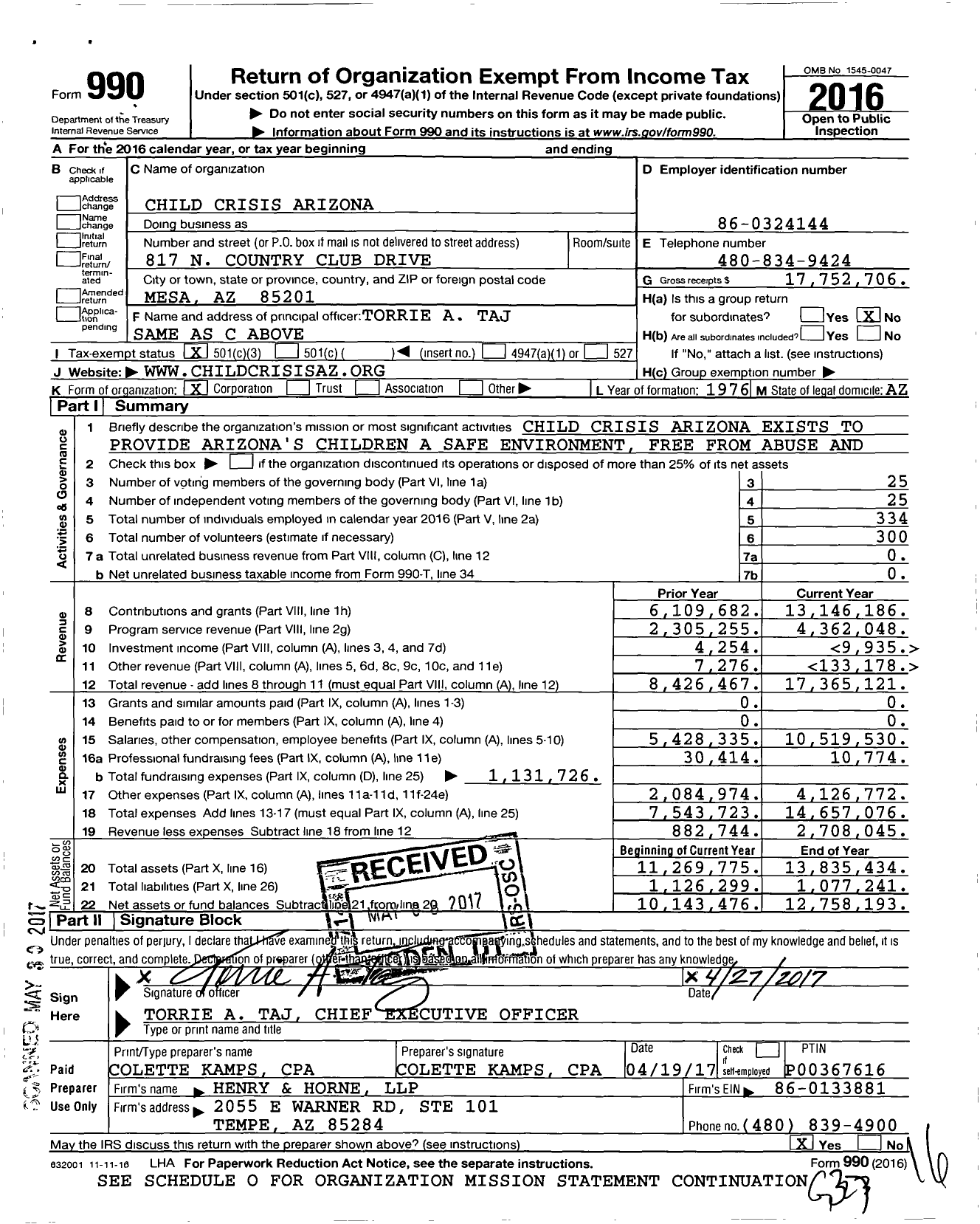 Image of first page of 2016 Form 990 for Child Crisis Arizona