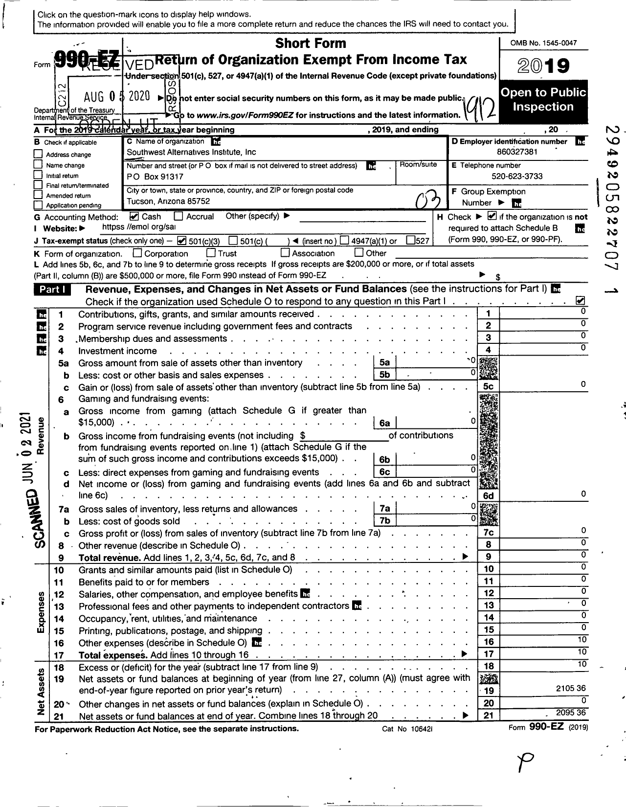 Image of first page of 2019 Form 990EZ for Southwest Alternatives Institute