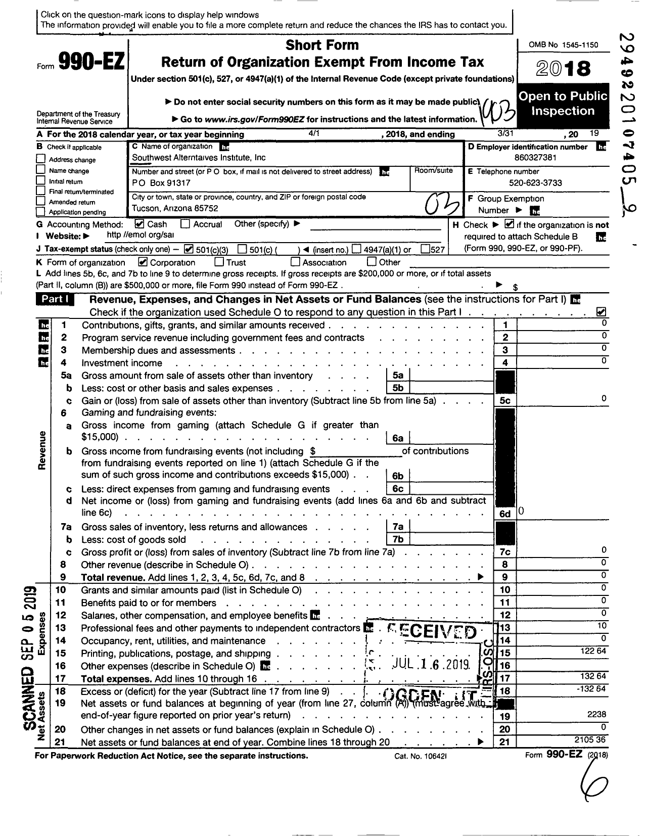 Image of first page of 2018 Form 990EZ for Southwest Alternatives Institute