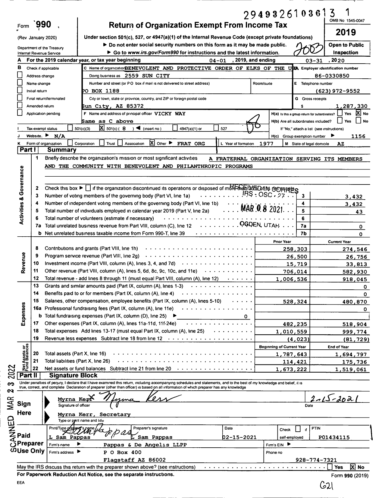 Image of first page of 2019 Form 990O for Benevolent and Protective Order of Elks - Sun City Elks Lodge 2559