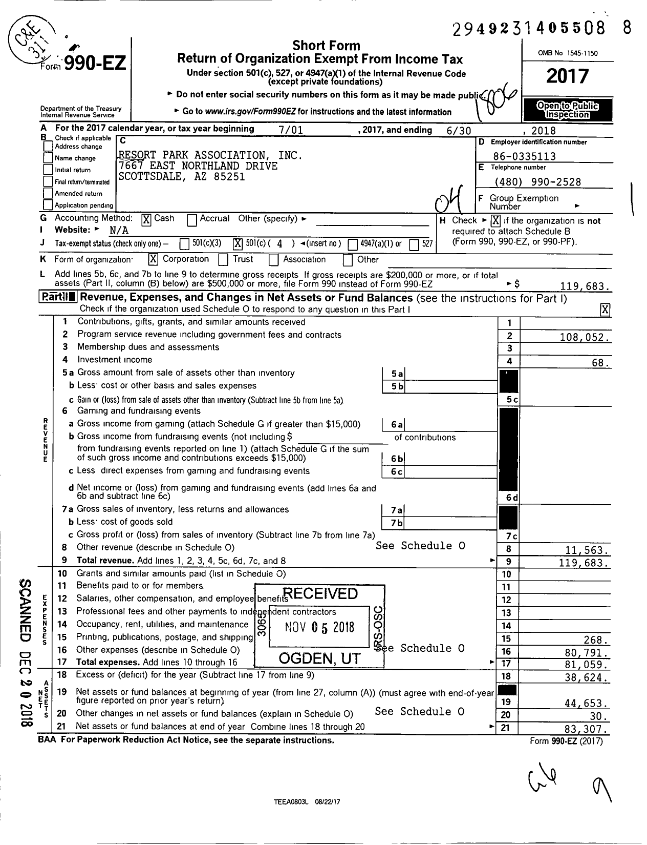 Image of first page of 2017 Form 990EO for Resort Park Association