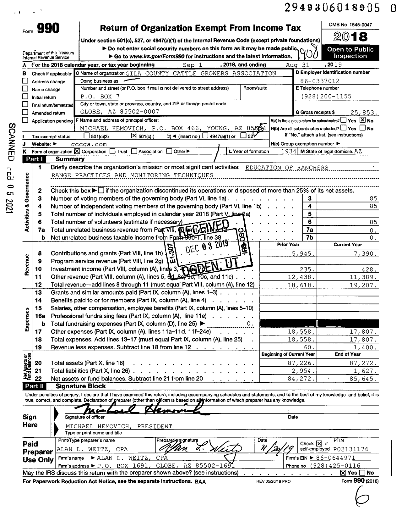 Image of first page of 2018 Form 990O for Gila County Cattle Growers Association