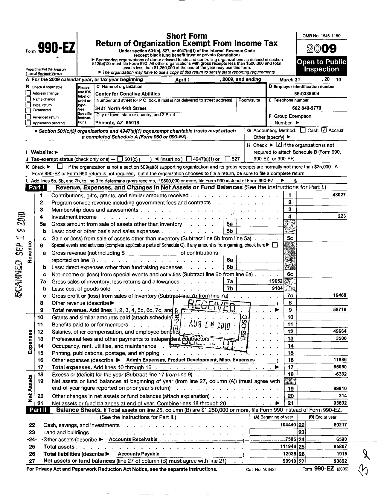 Image of first page of 2009 Form 990EO for Center for Conative Abilities