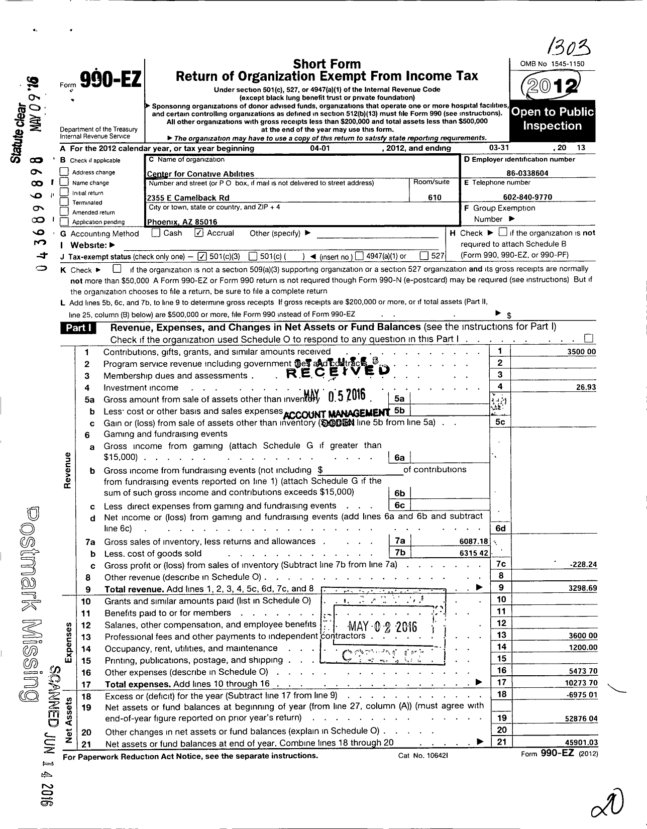 Image of first page of 2012 Form 990EZ for Center for Conative Abilities