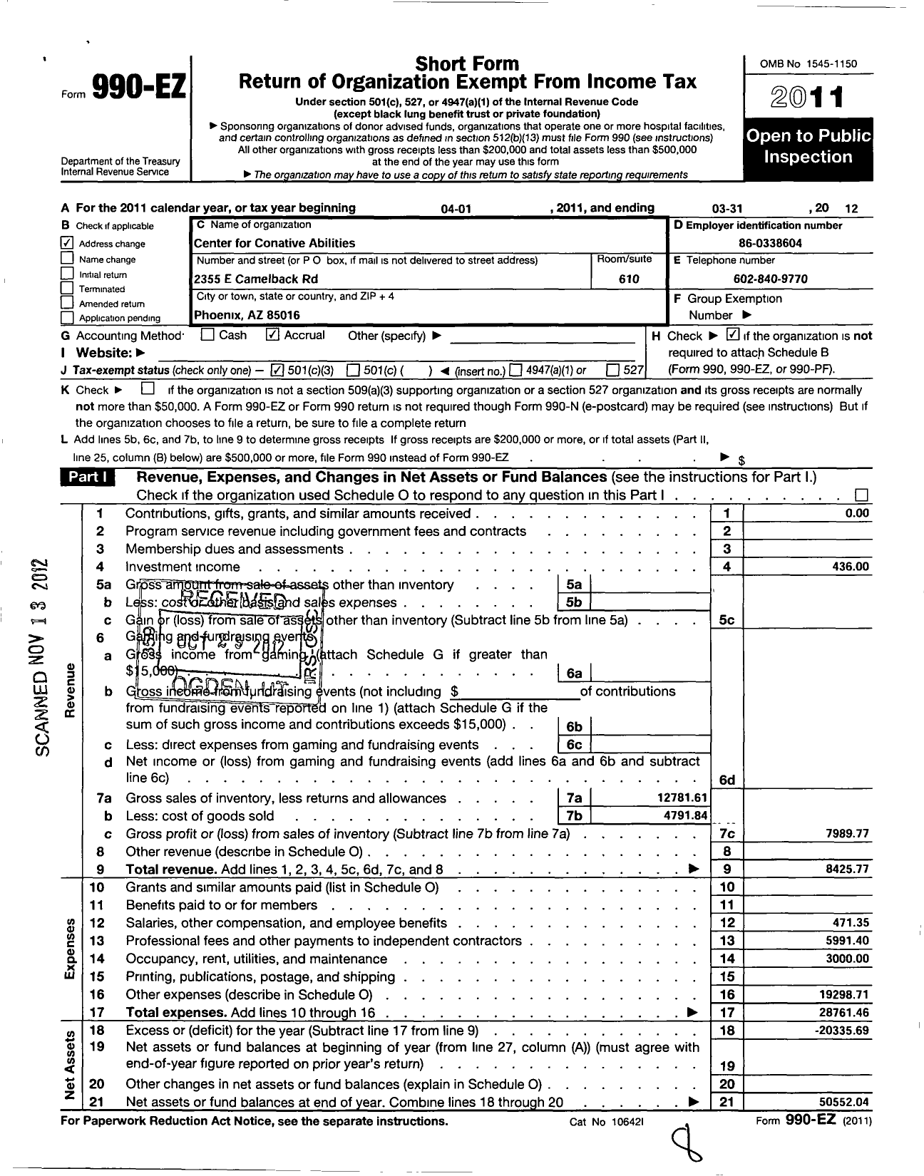 Image of first page of 2011 Form 990EZ for Center for Conative Abilities