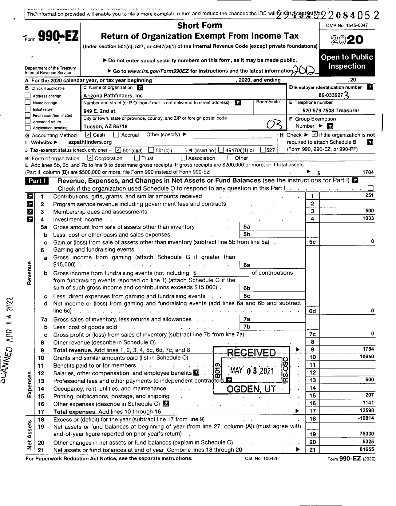 Image of first page of 2020 Form 990EZ for Arizona Pathfinders