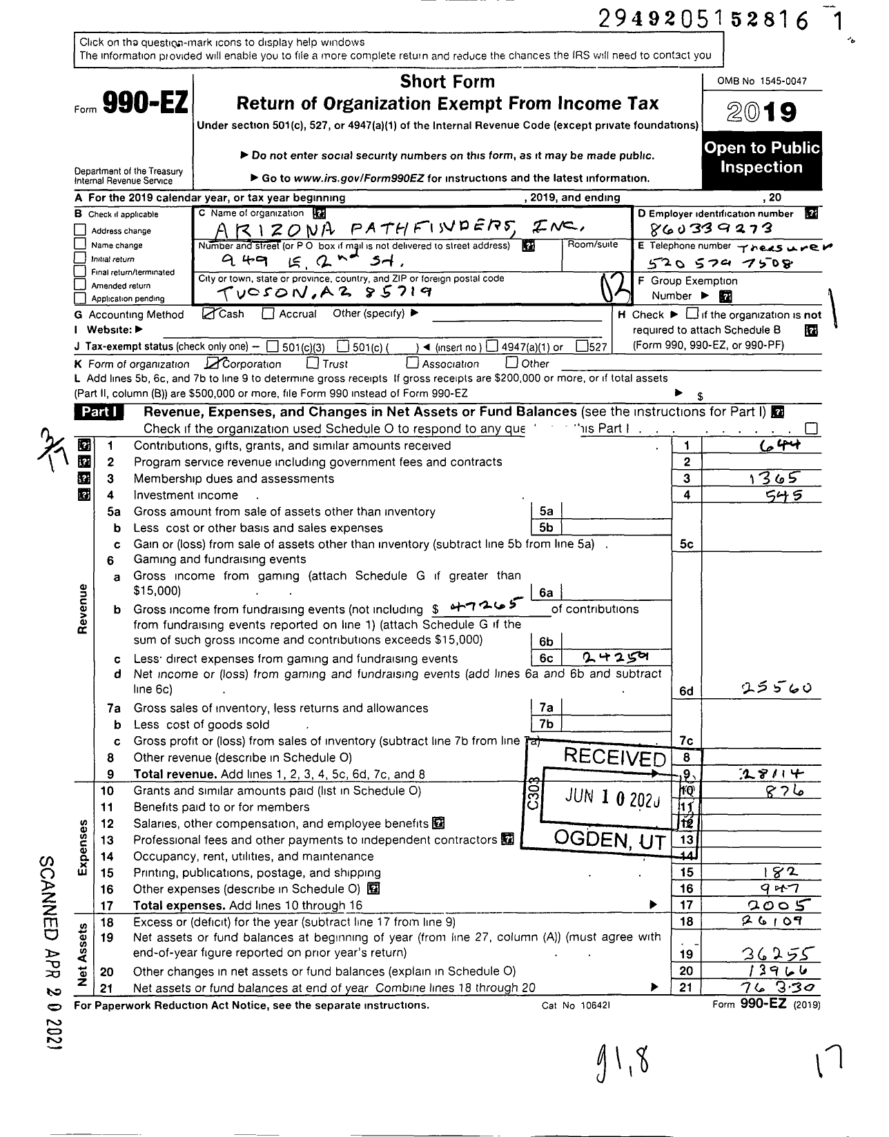 Image of first page of 2019 Form 990EZ for Arizona Pathfinders