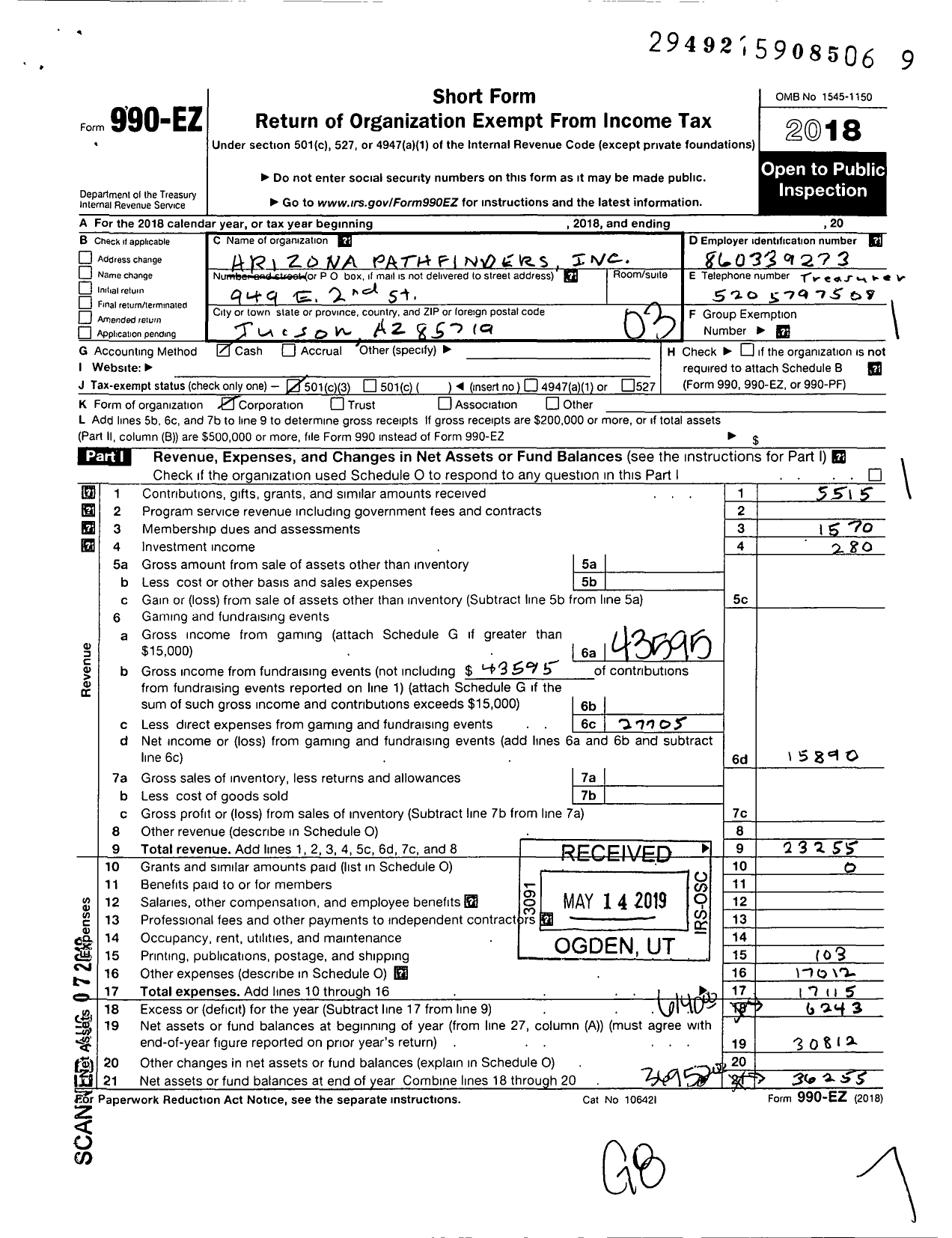 Image of first page of 2018 Form 990EZ for Arizona Pathfinders