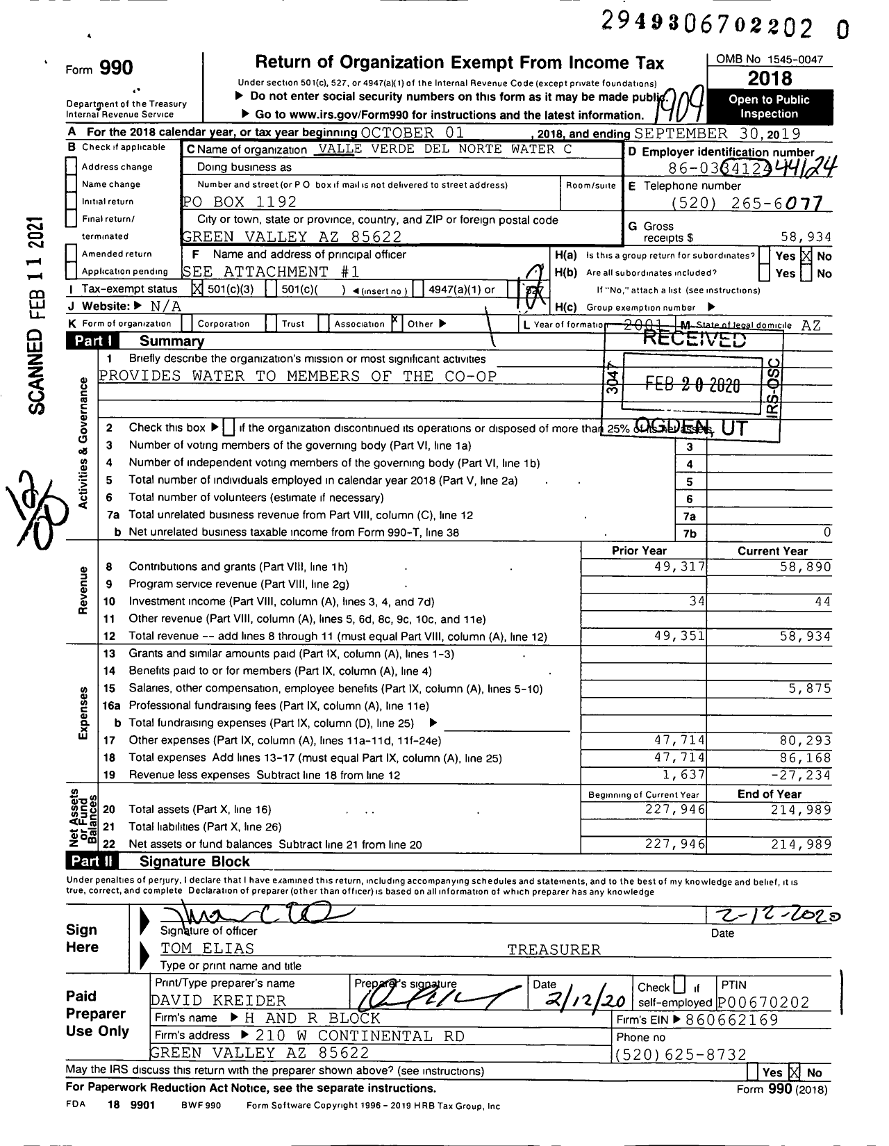 Image of first page of 2018 Form 990O for VVND Water Coop