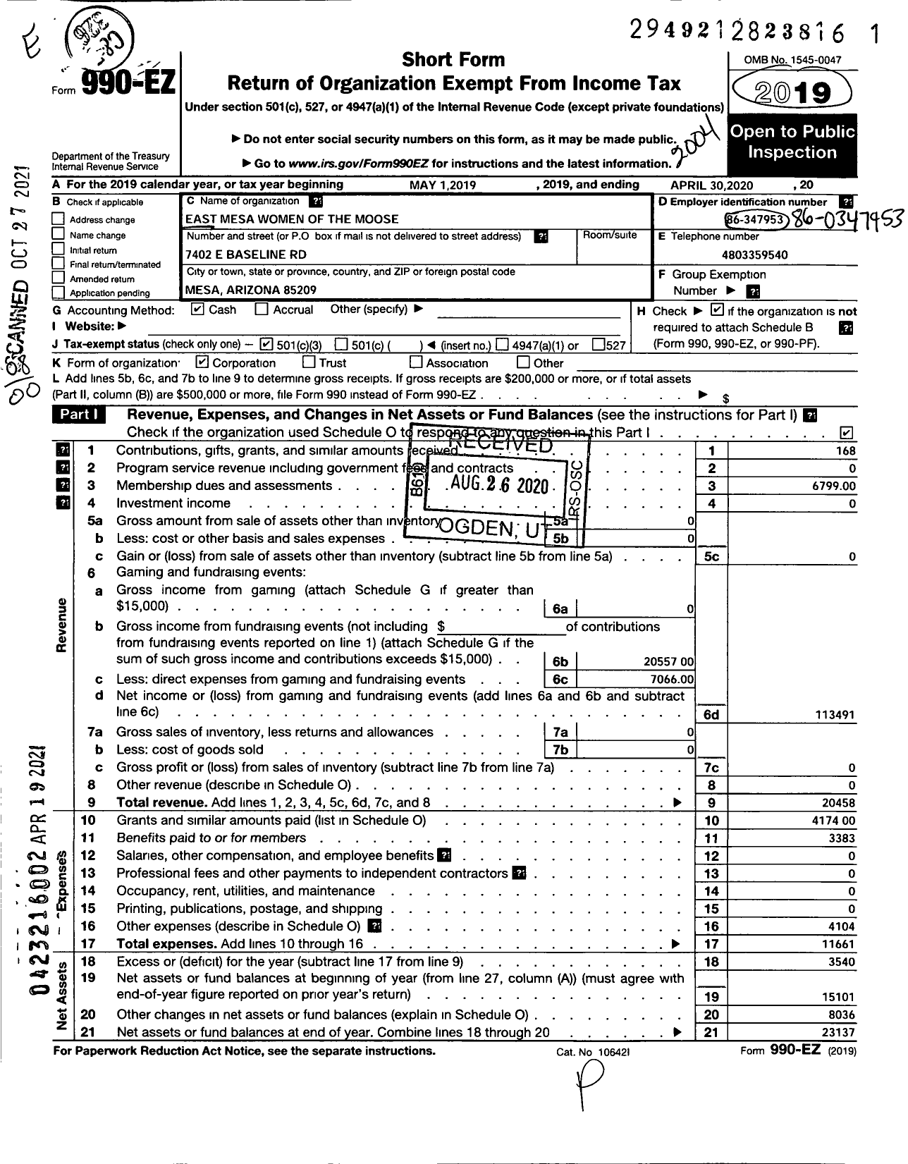 Image of first page of 2019 Form 990EO for Loyal Order of Moose - 1853