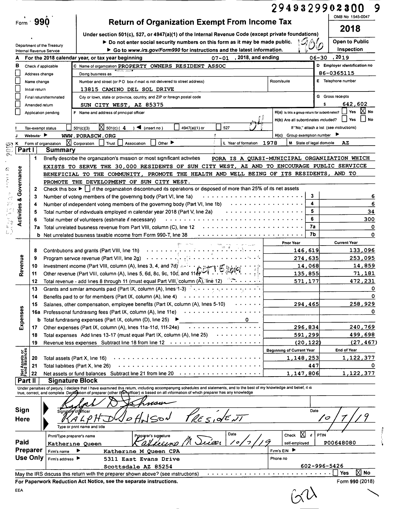 Image of first page of 2018 Form 990O for Property Owners Residents Association