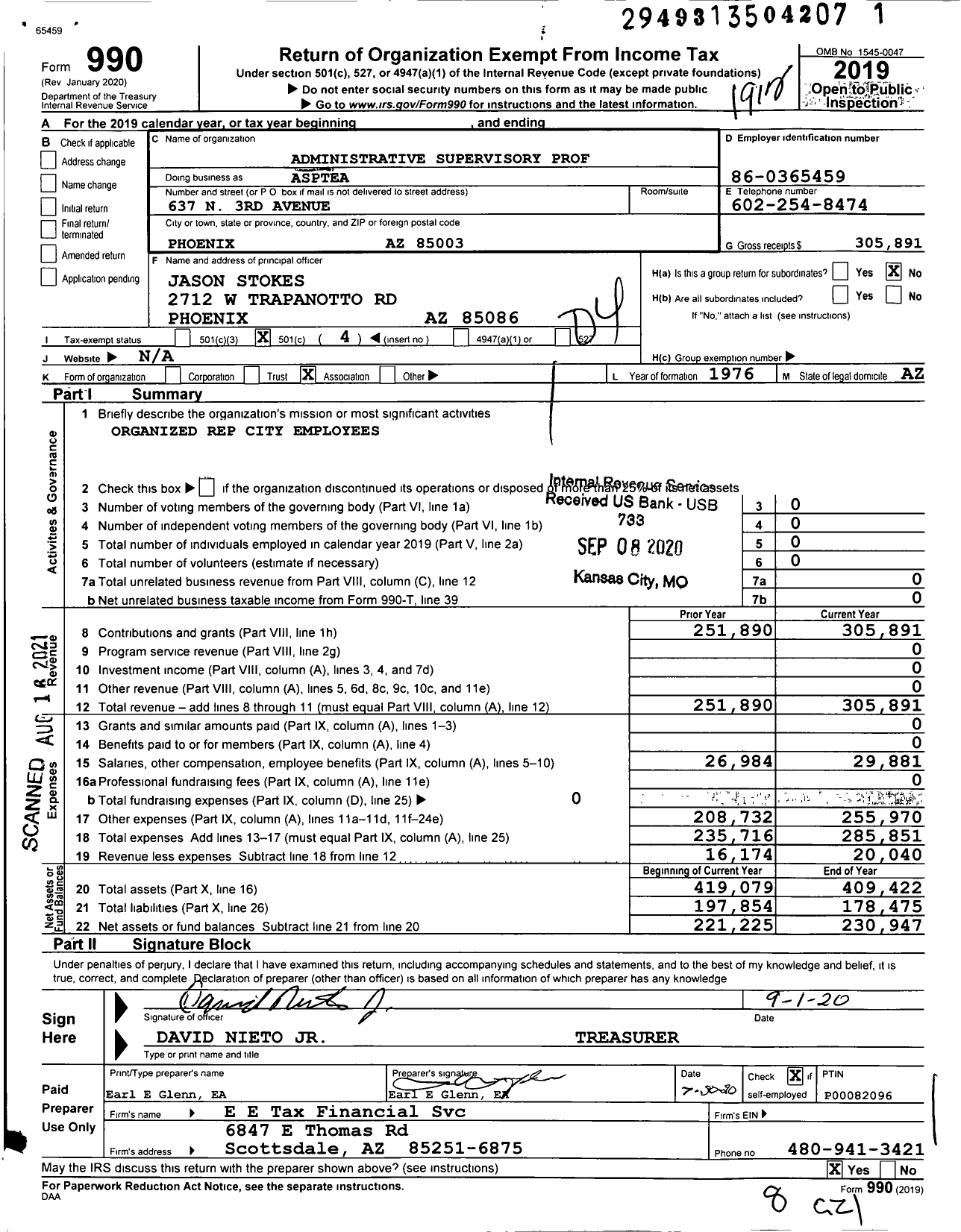 Image of first page of 2019 Form 990O for Administrative Supervisory Professional and Tech Employees Association Phoenix Az